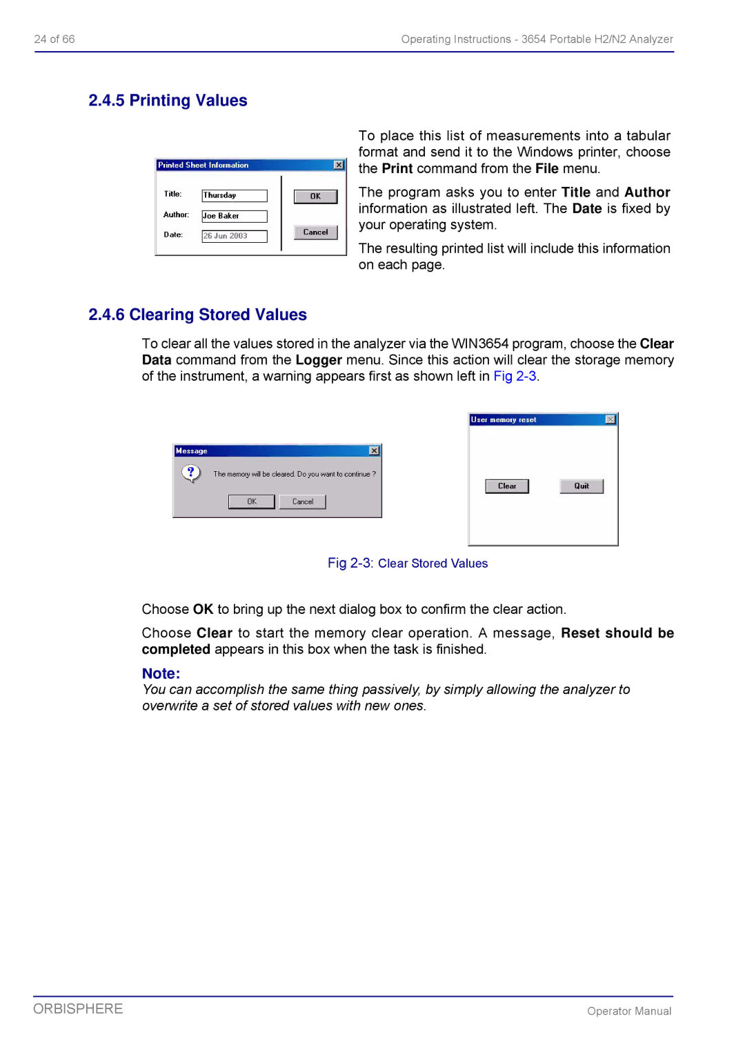 Hach 3654 Portable H2/N2 Analyzer manual Printing Values, Clearing Stored Values 