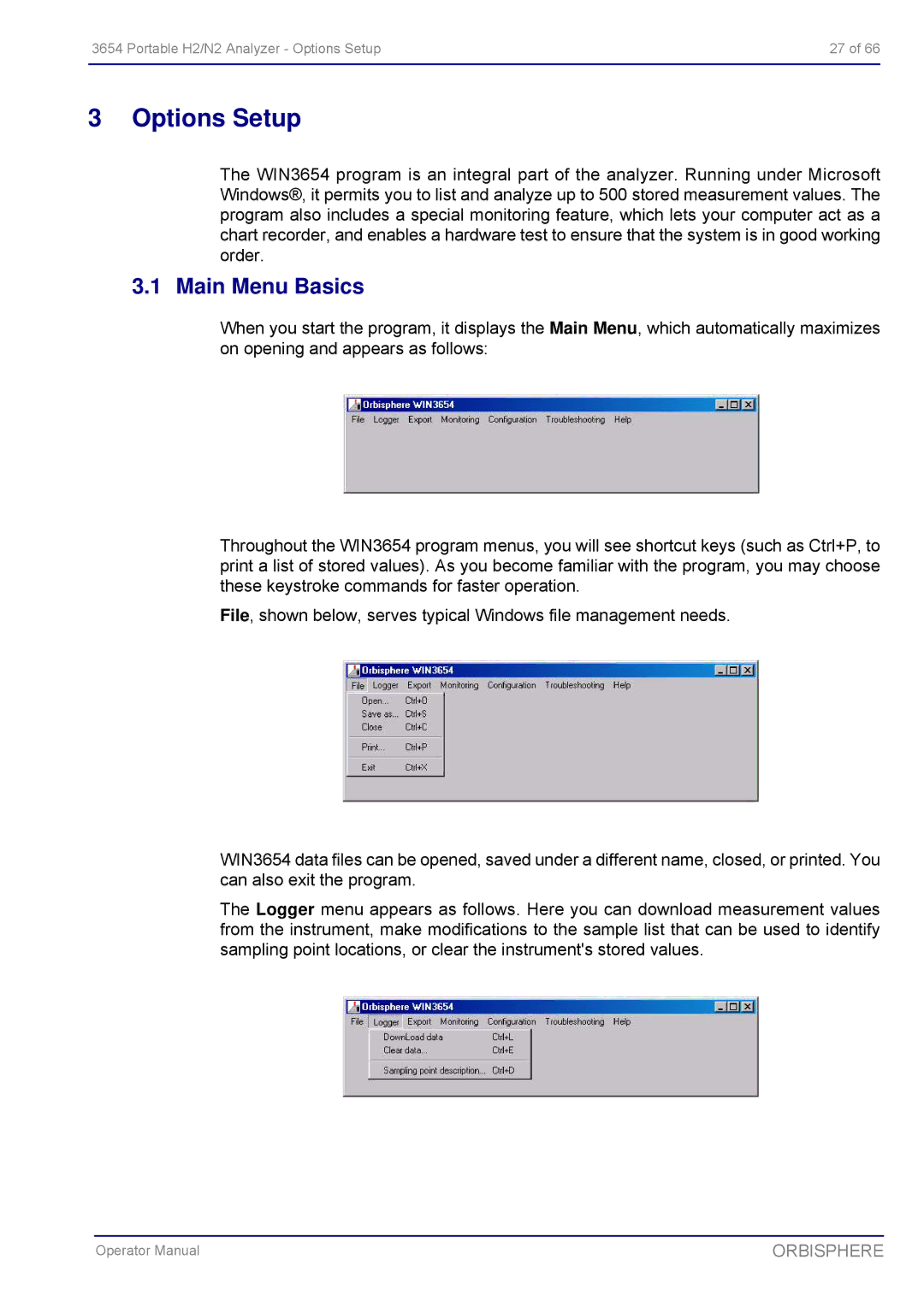 Hach 3654 Portable H2/N2 Analyzer manual Options Setup, Main Menu Basics 