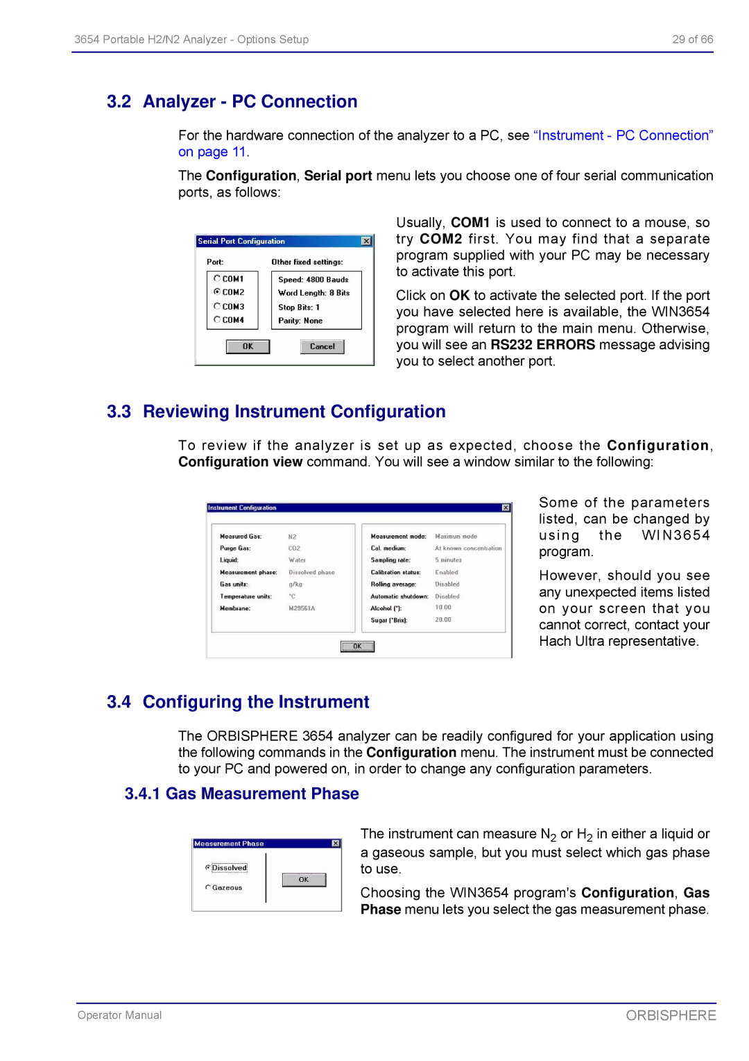 Hach 3654 Portable H2/N2 Analyzer Analyzer PC Connection, Reviewing Instrument Configuration, Configuring the Instrument 