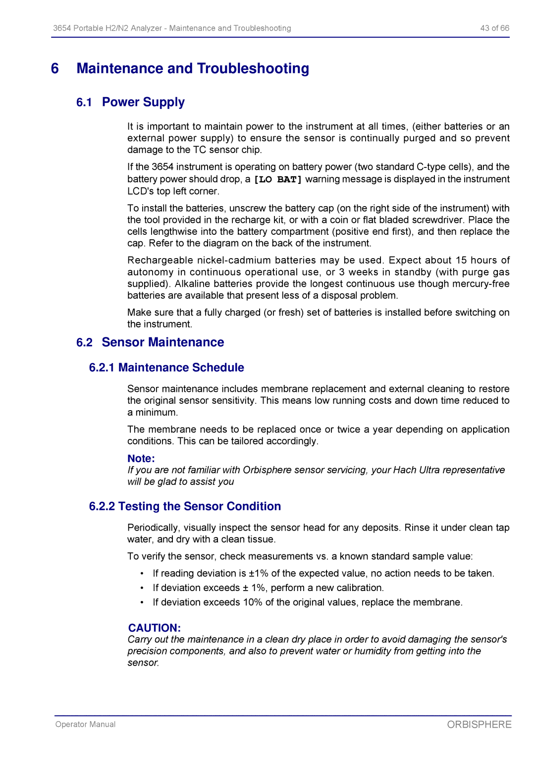 Hach 3654 Portable H2/N2 Analyzer Maintenance and Troubleshooting, Power Supply, Sensor Maintenance, Maintenance Schedule 