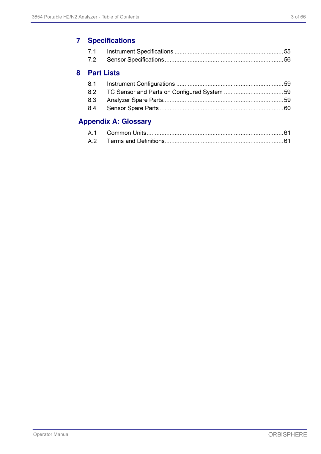 Hach 3654 Portable H2/N2 Analyzer manual Specifications, Part Lists, Appendix a Glossary 