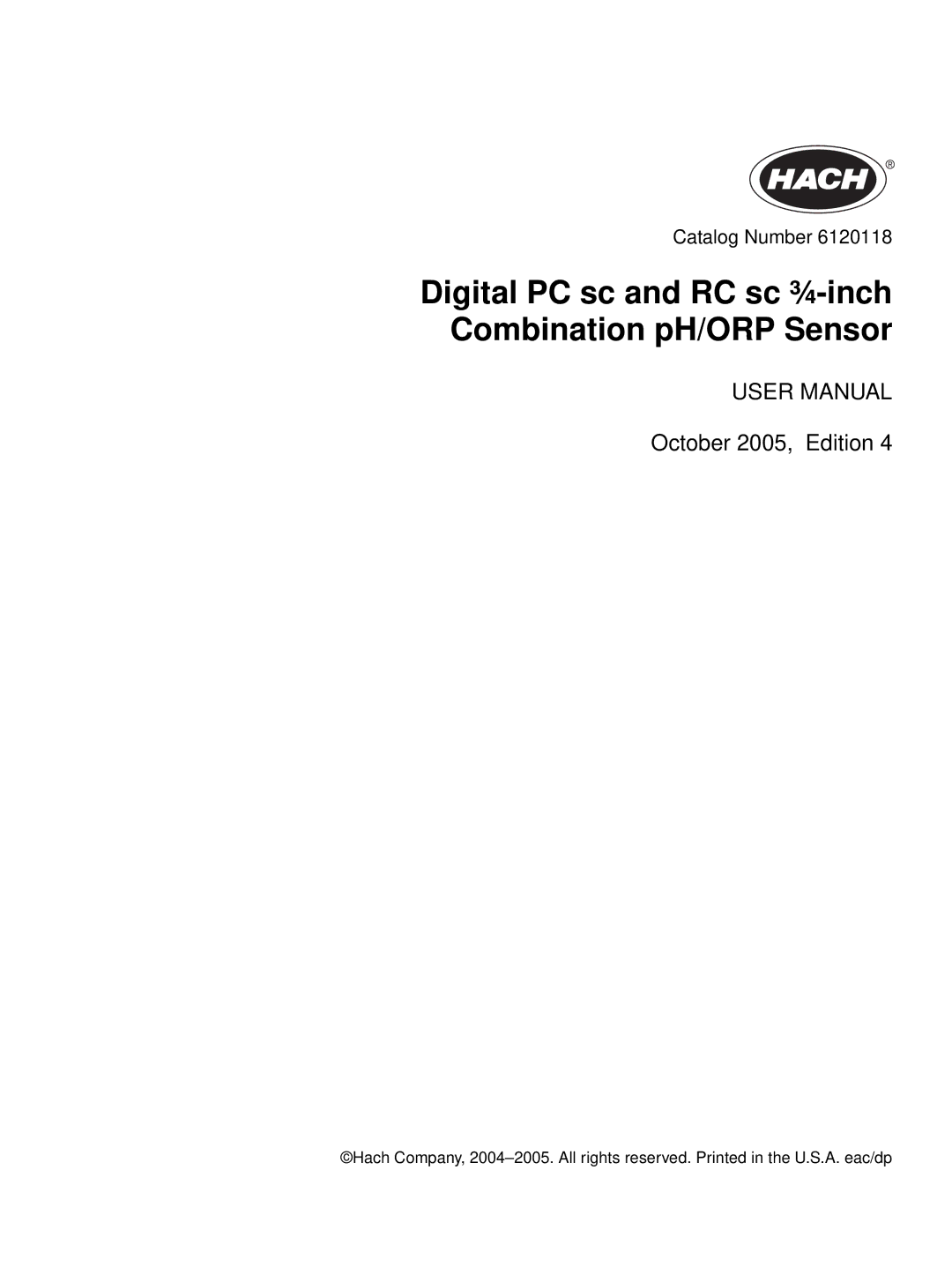 Hach 6120118 user manual Digital PC sc and RC sc ¾-inch Combination pH/ORP Sensor 