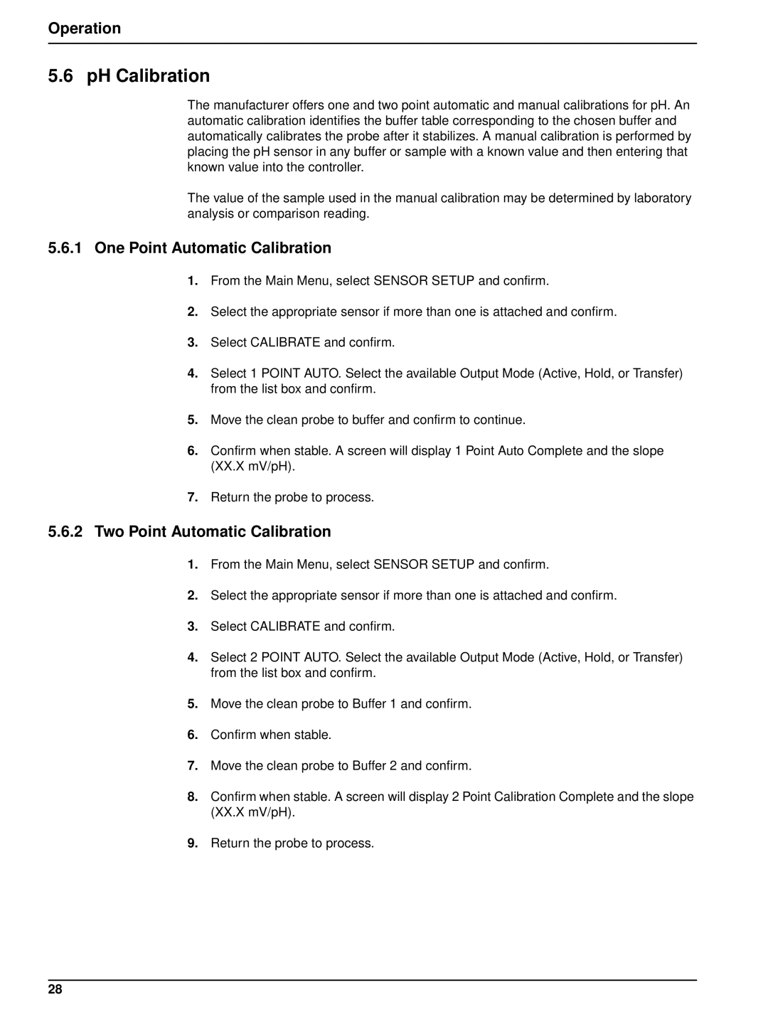 Hach 6120118 user manual PH Calibration, One Point Automatic Calibration, Two Point Automatic Calibration 