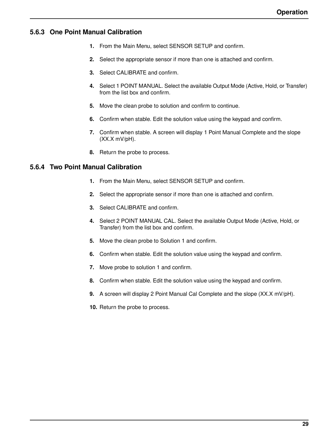 Hach 6120118 user manual Operation One Point Manual Calibration, Two Point Manual Calibration 