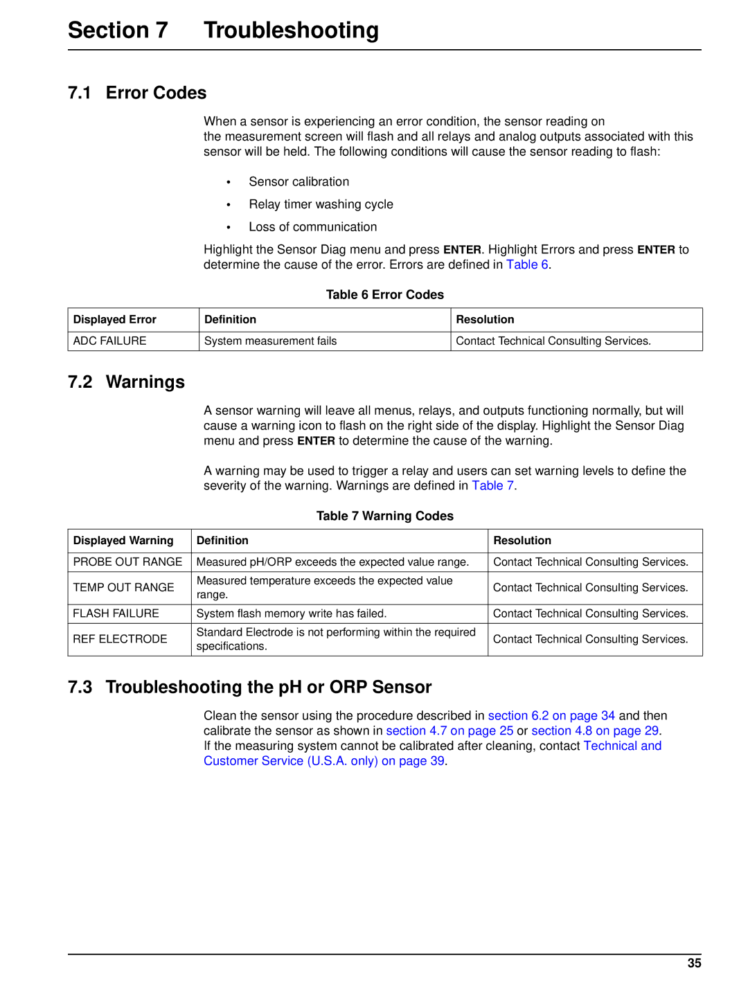 Hach 6120118 user manual Error Codes, Troubleshooting the pH or ORP Sensor 