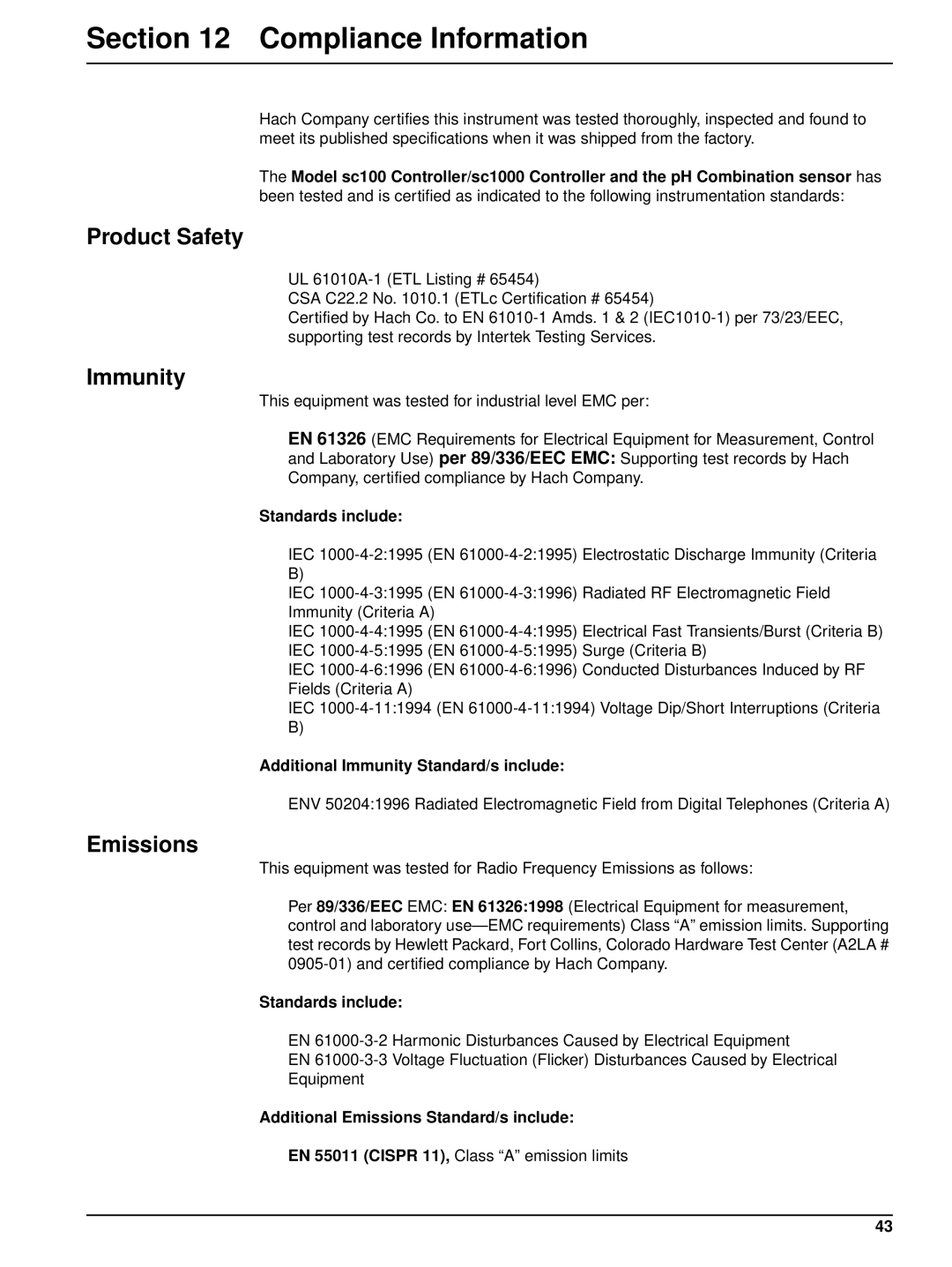 Hach 6120118 user manual Compliance Information, Product Safety, Immunity, Emissions 