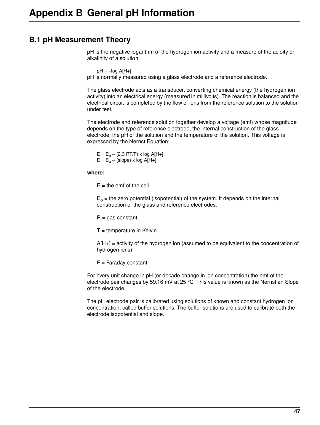 Hach 6120118 user manual Appendix B General pH Information, PH Measurement Theory, Where 