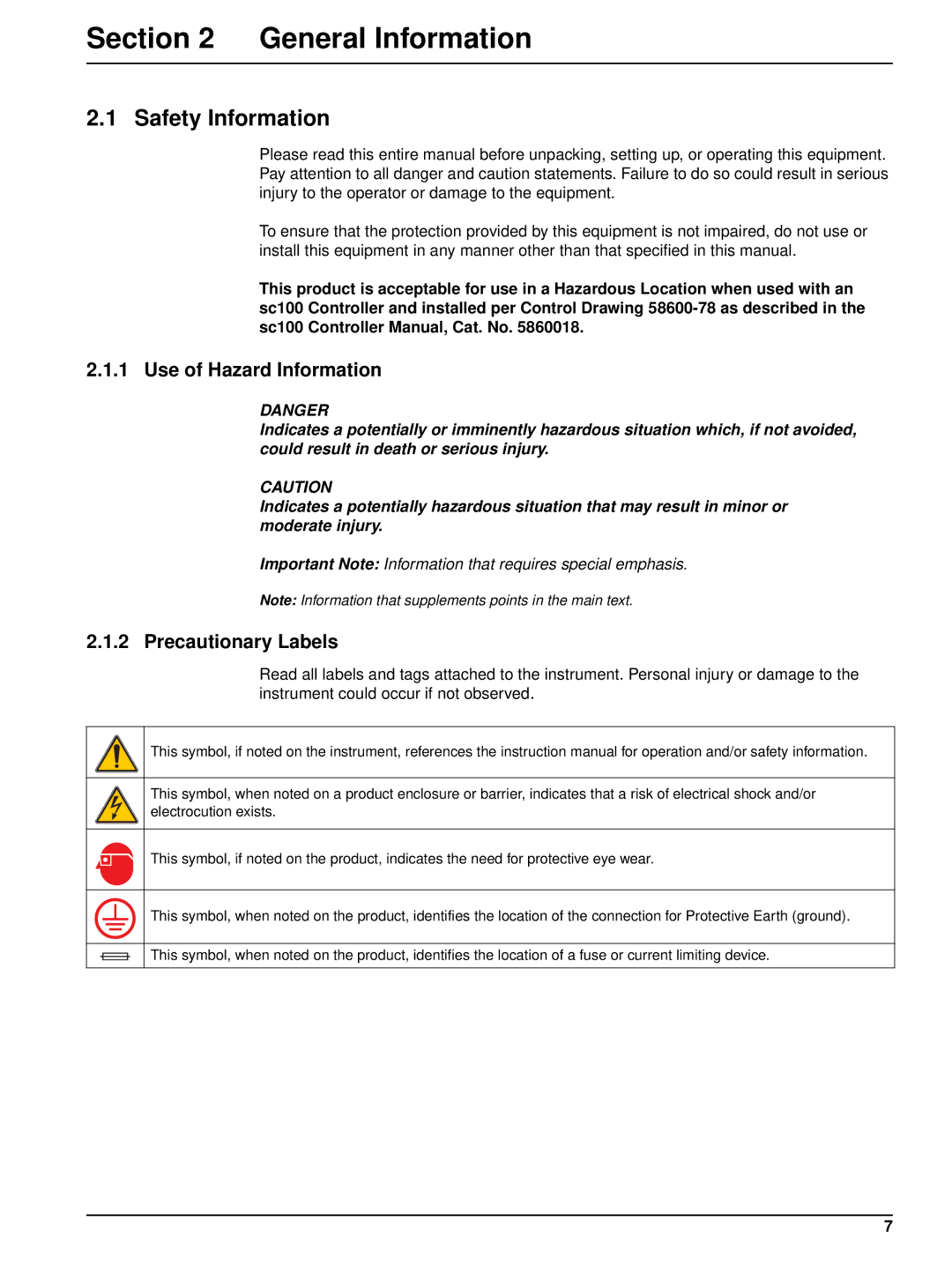 Hach 6120118 user manual General Information, Safety Information, Use of Hazard Information, Precautionary Labels 