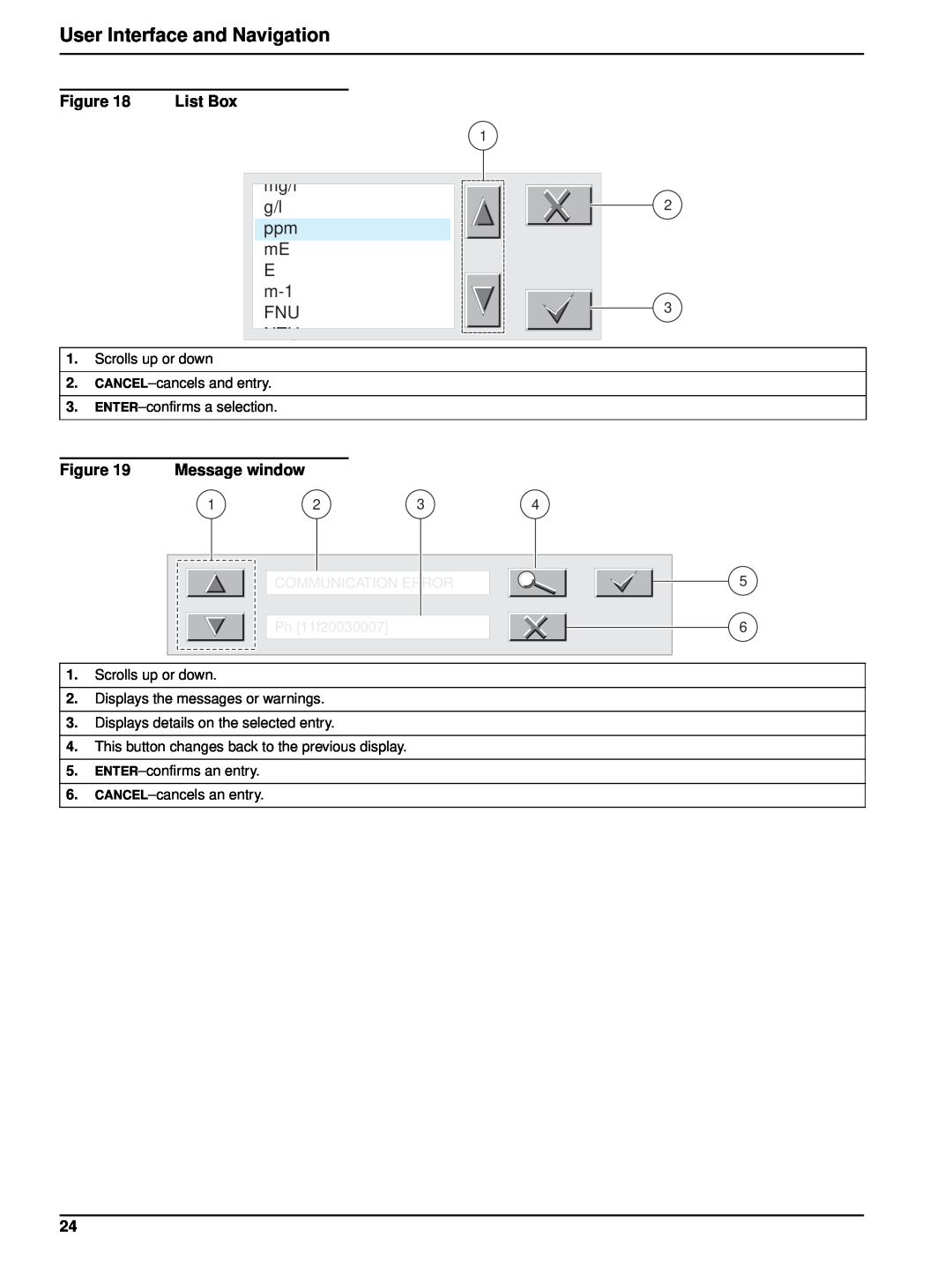 Hach 6120118 user manual User Interface and Navigation, List Box, Message window, Communication Error, Ph 11f20030007 