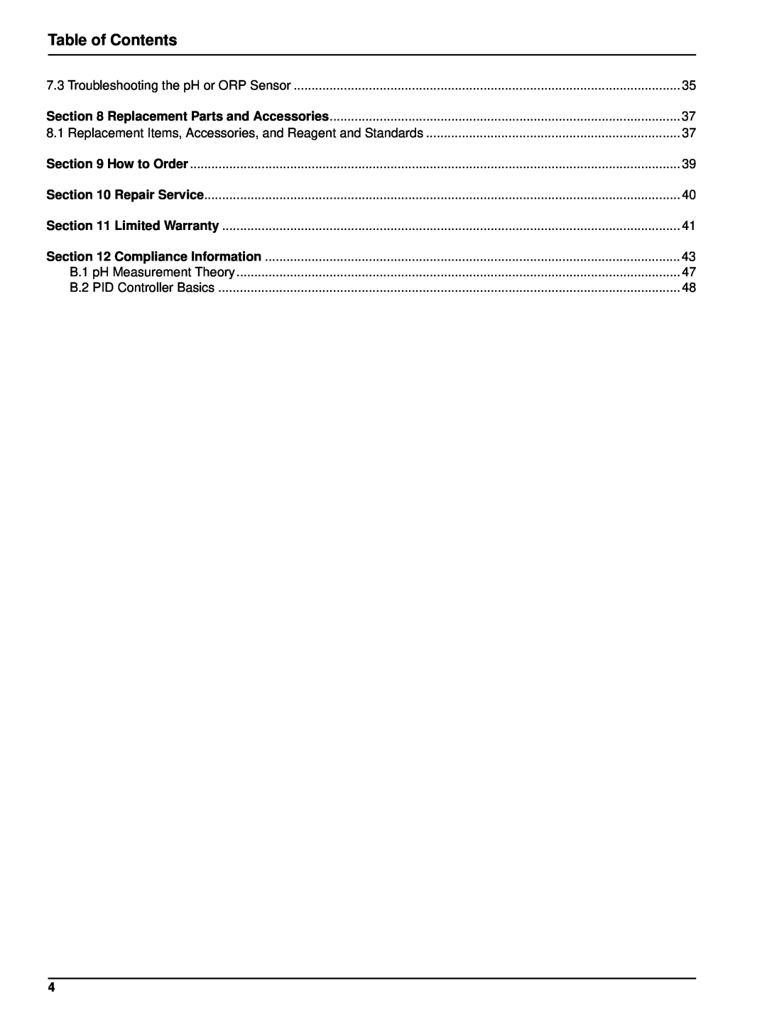 Hach 6120118 Table of Contents, Section, Troubleshooting the pH or ORP Sensor, Replacement Parts and Accessories 