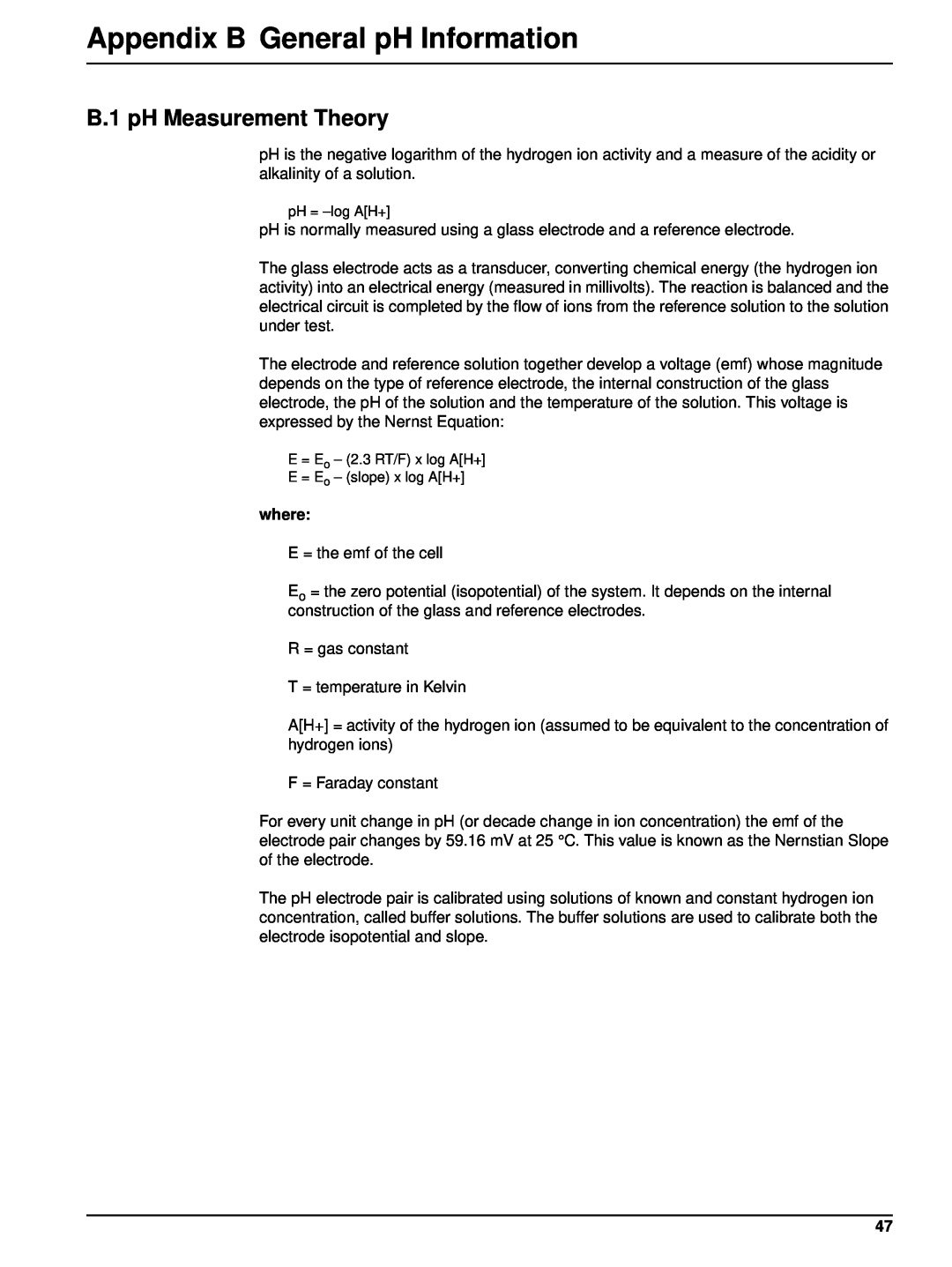 Hach 6120118 user manual Appendix B General pH Information, B.1 pH Measurement Theory, where 