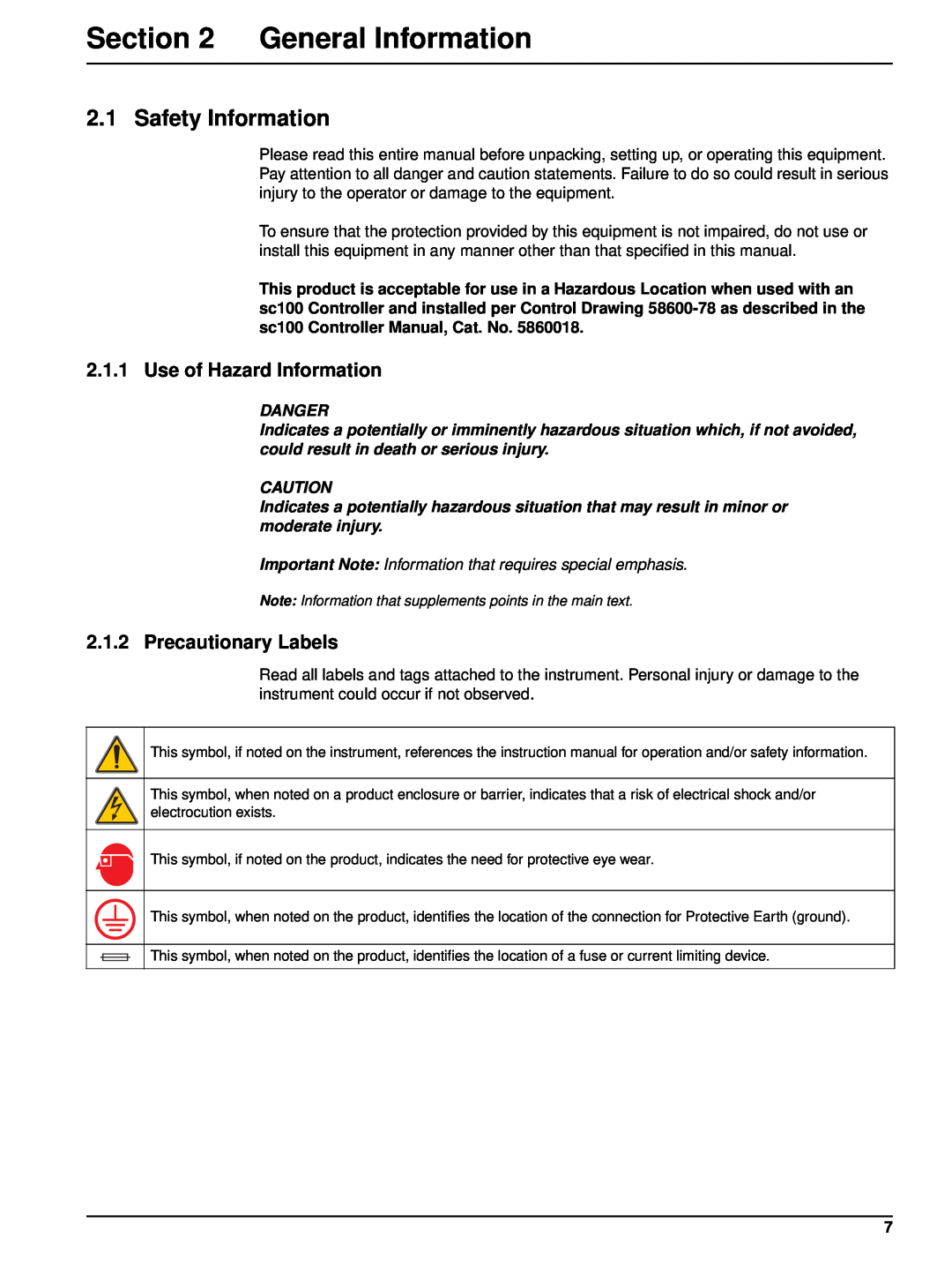 Hach 6120118 user manual General Information, Safety Information, Use of Hazard Information, Precautionary Labels 