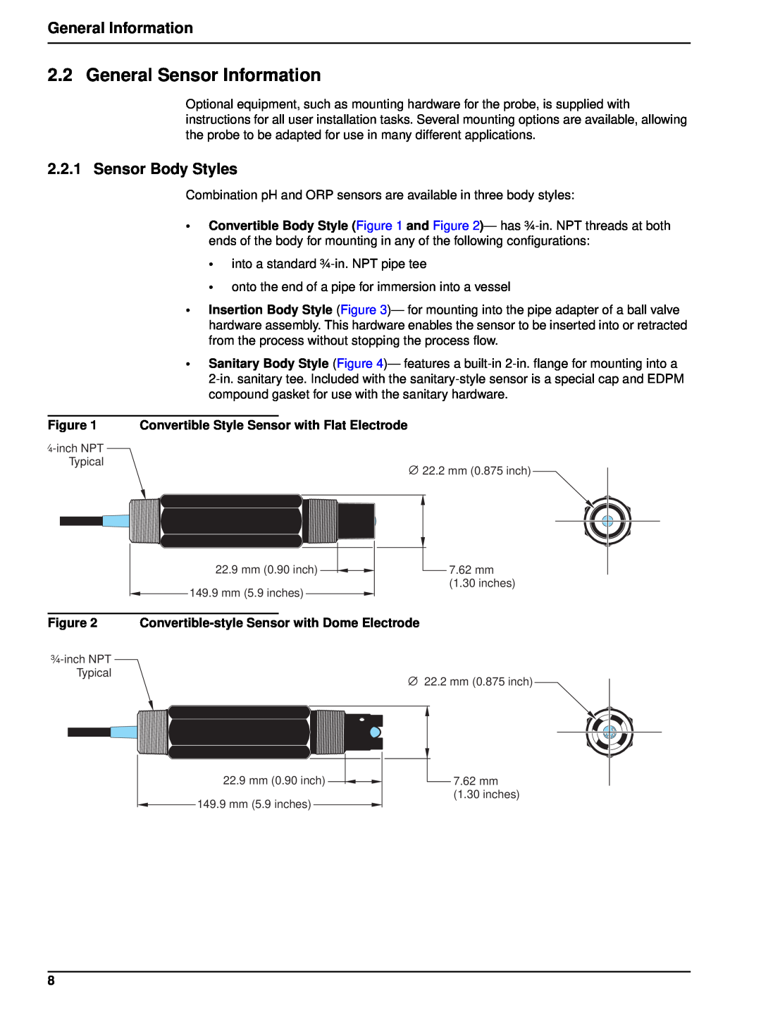 Hach 6120118 user manual General Sensor Information, General Information, Sensor Body Styles 