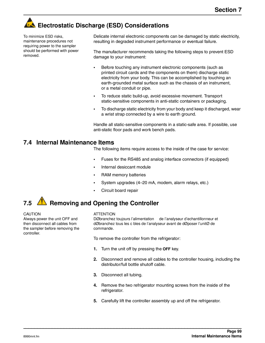 Hach 900 MAX manual Section Electrostatic Discharge ESD Considerations, Internal Maintenance Items 