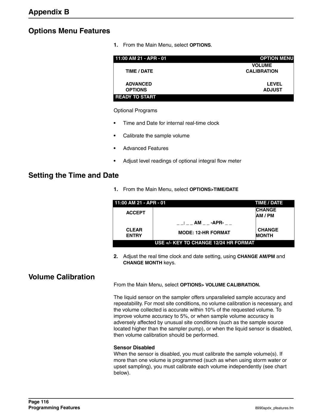 Hach 900 MAX manual Appendix B Options Menu Features, Setting the Time and Date, Volume Calibration, Sensor Disabled 