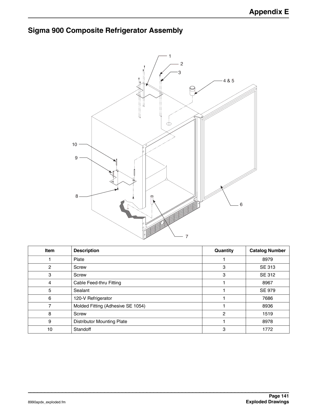 Hach 900 MAX manual Appendix E Sigma 900 Composite Refrigerator Assembly, Description Quantity Catalog Number 