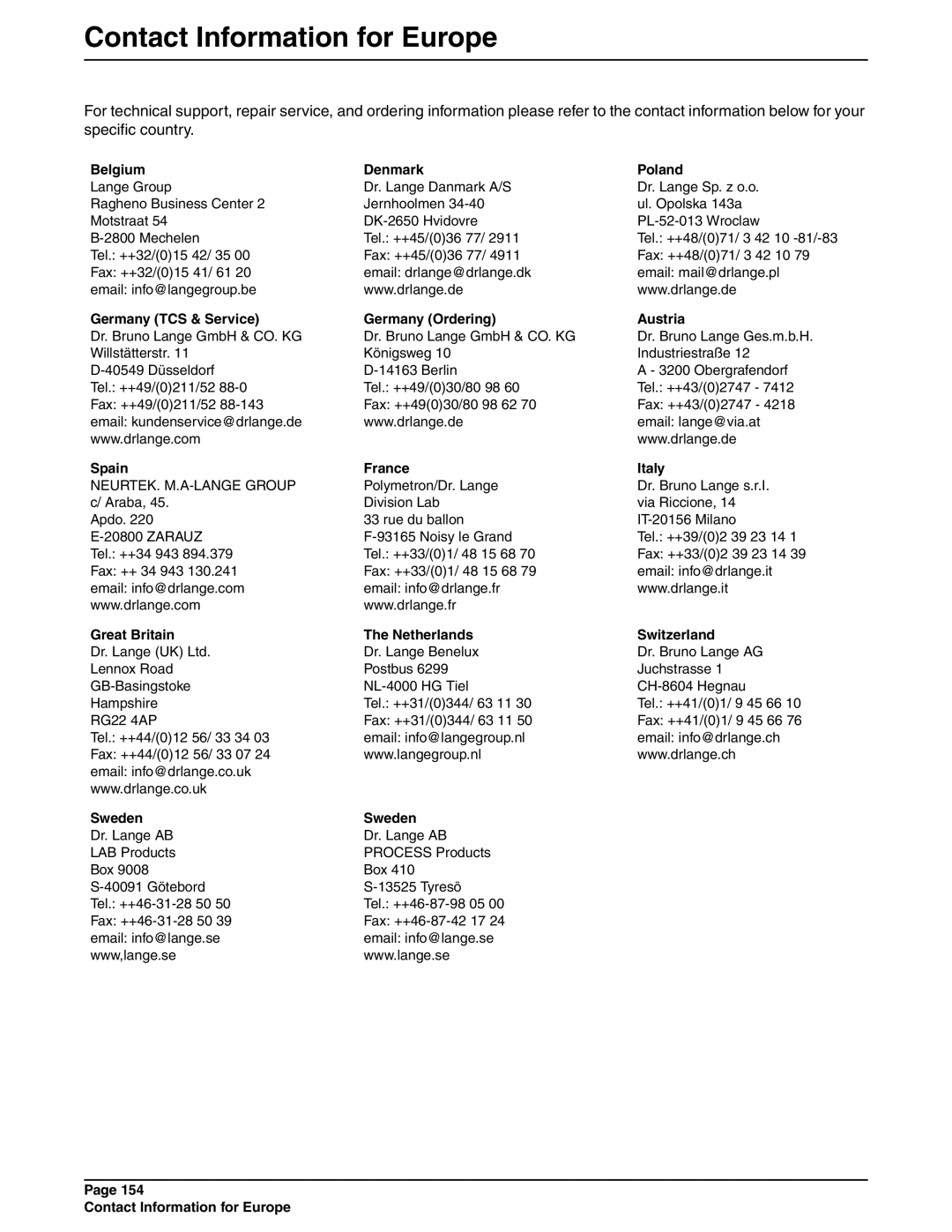 Hach 900 MAX manual Belgium Denmark Poland, Germany TCS & Service Germany Ordering Austria, Spain France Italy, Sweden 