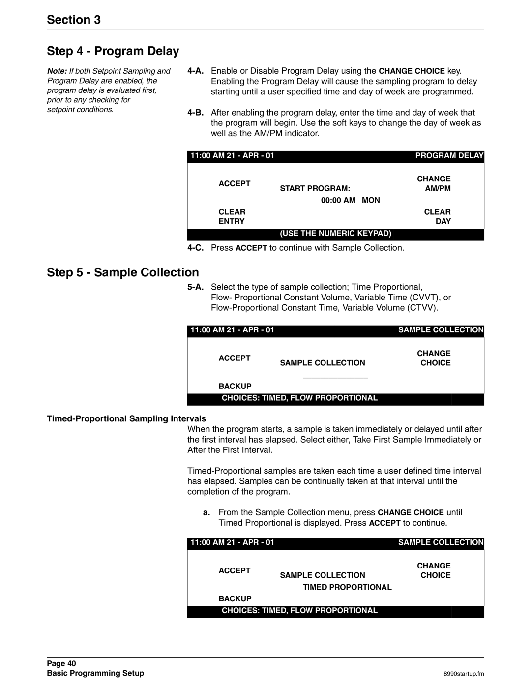 Hach 900 MAX manual Section Program Delay, Sample Collection, Timed-Proportional Sampling Intervals, 0000 AM 