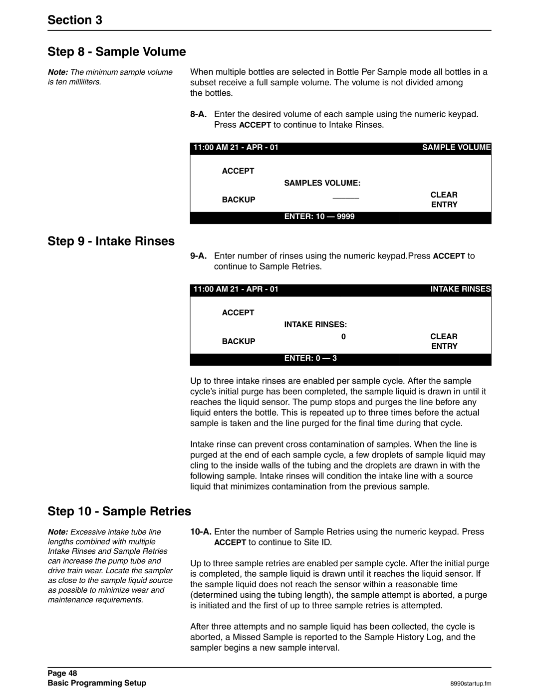 Hach 900 MAX manual Section Sample Volume, Intake Rinses, Sample Retries 