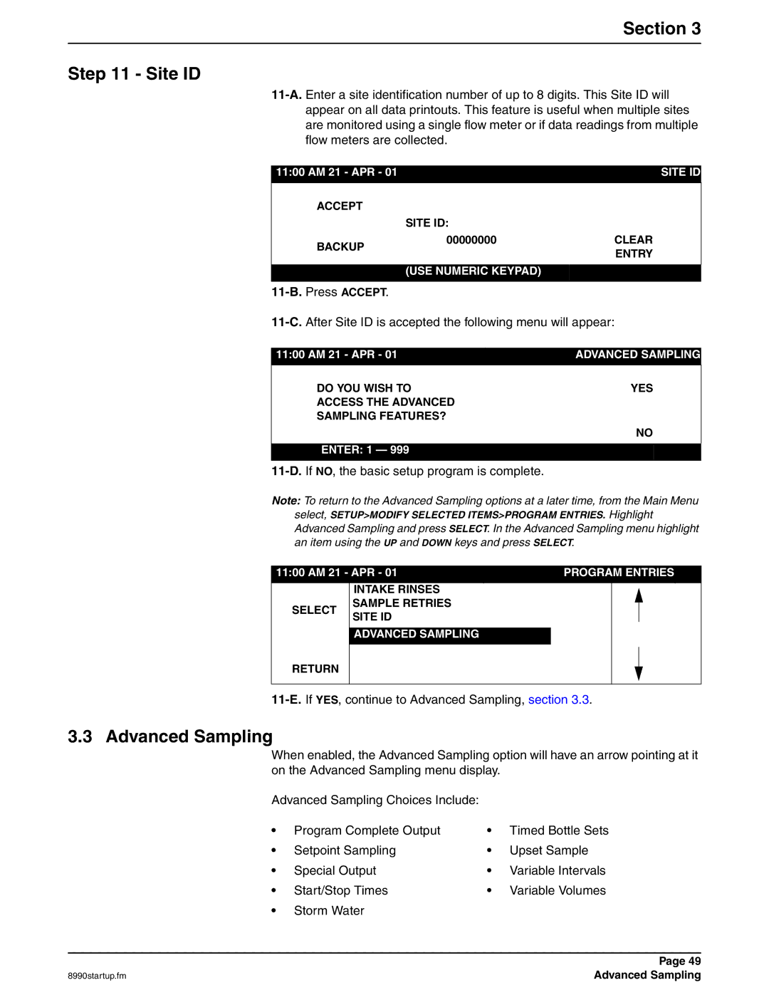 Hach 900 MAX manual Section Site ID, Advanced Sampling, 11-B.Press Accept, 11-D.If NO, the basic setup program is complete 