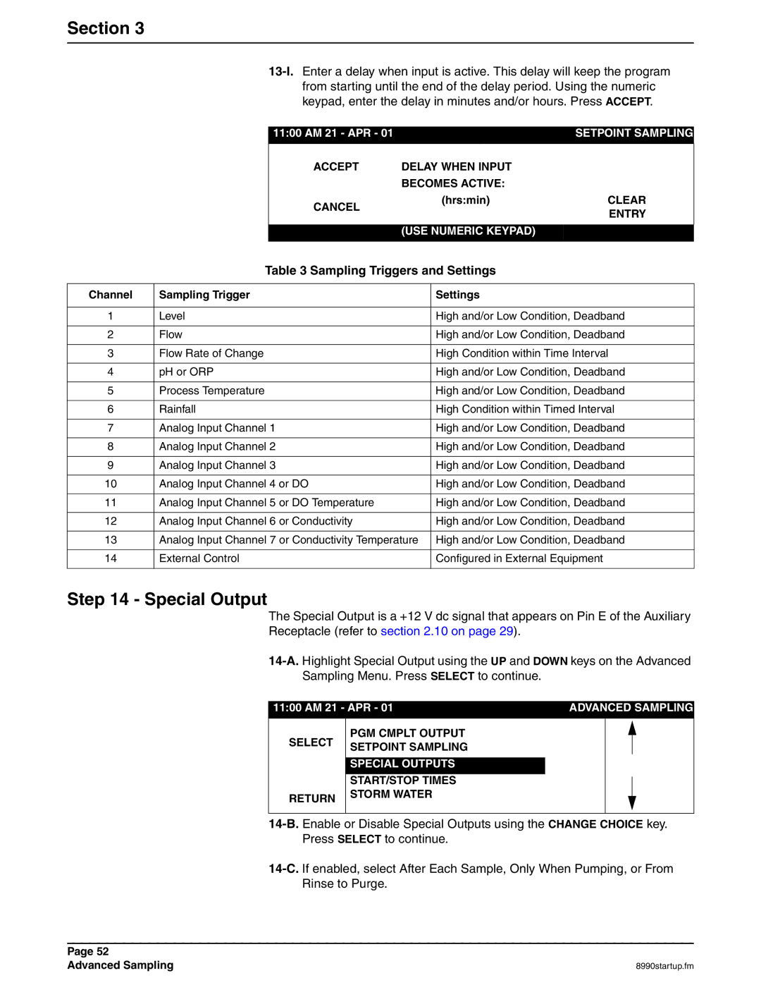 Hach 900 MAX manual Special Output, Sampling Triggers and Settings, Channel Sampling Trigger Settings 