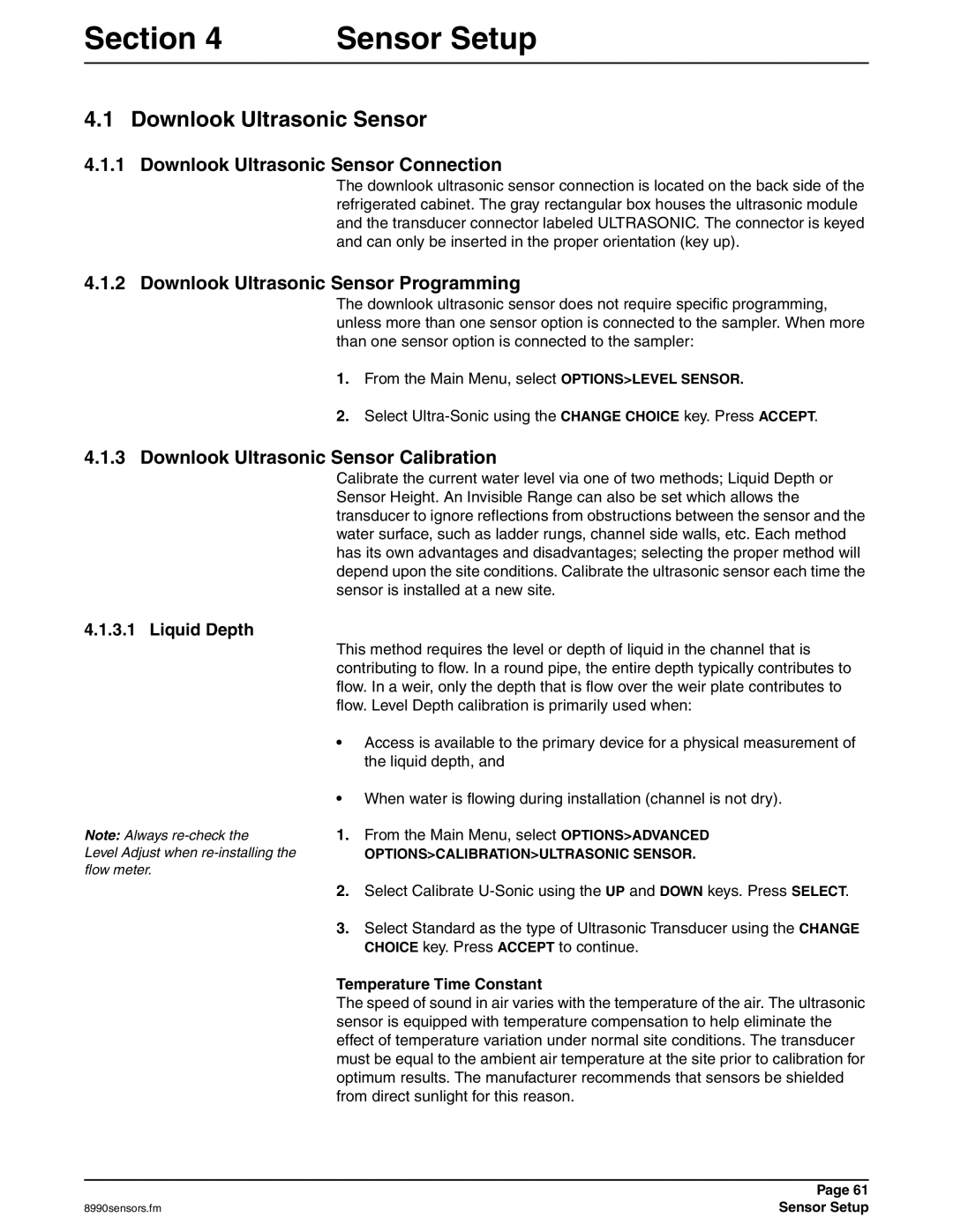 Hach 900 MAX Downlook Ultrasonic Sensor Connection, Downlook Ultrasonic Sensor Programming, Temperature Time Constant 