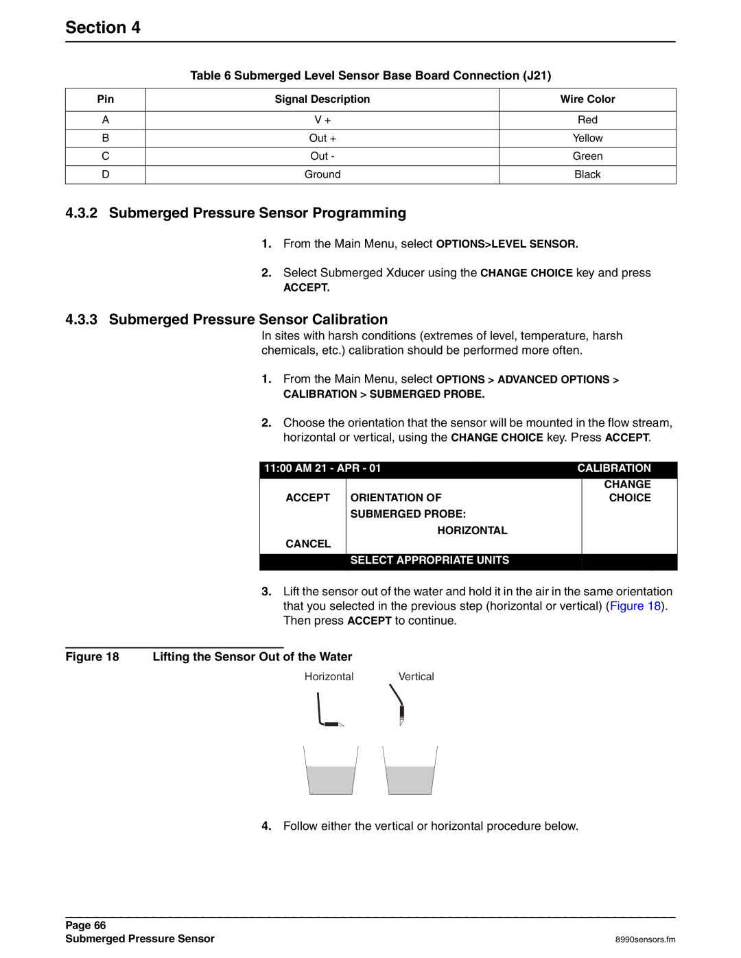 Hach 900 MAX manual Submerged Pressure Sensor Programming, Submerged Pressure Sensor Calibration 