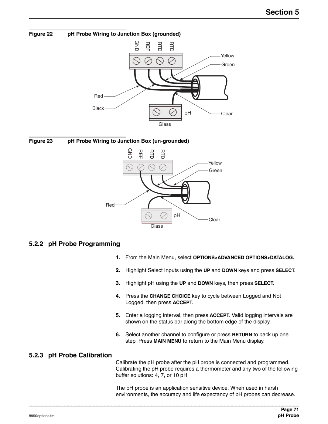 Hach 900 MAX manual PH Probe Programming, PH Probe Calibration, From the Main Menu, select Optionsadvanced Optionsdatalog 