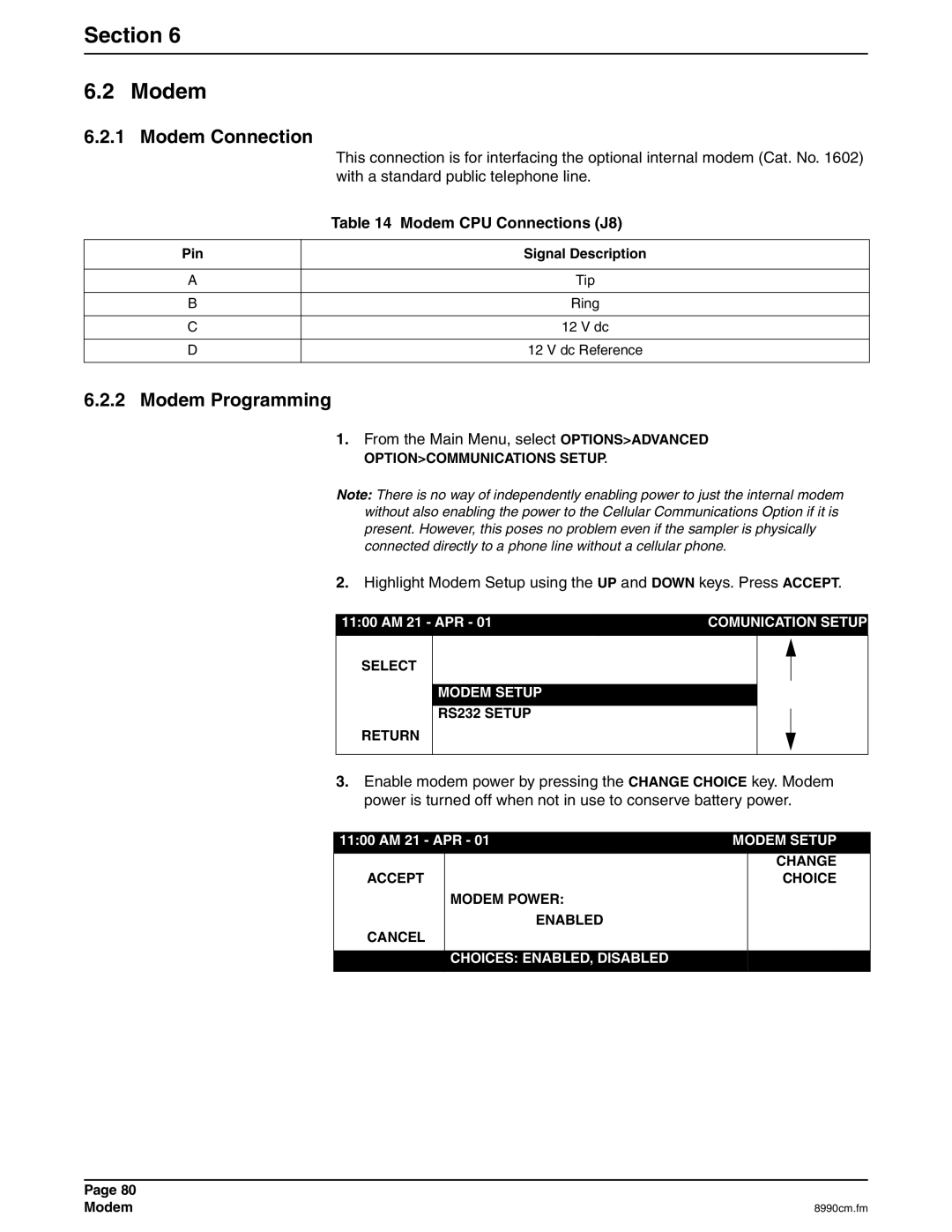 Hach 900 MAX manual Section Modem, Modem Connection, Modem Programming, Modem CPU Connections J8 