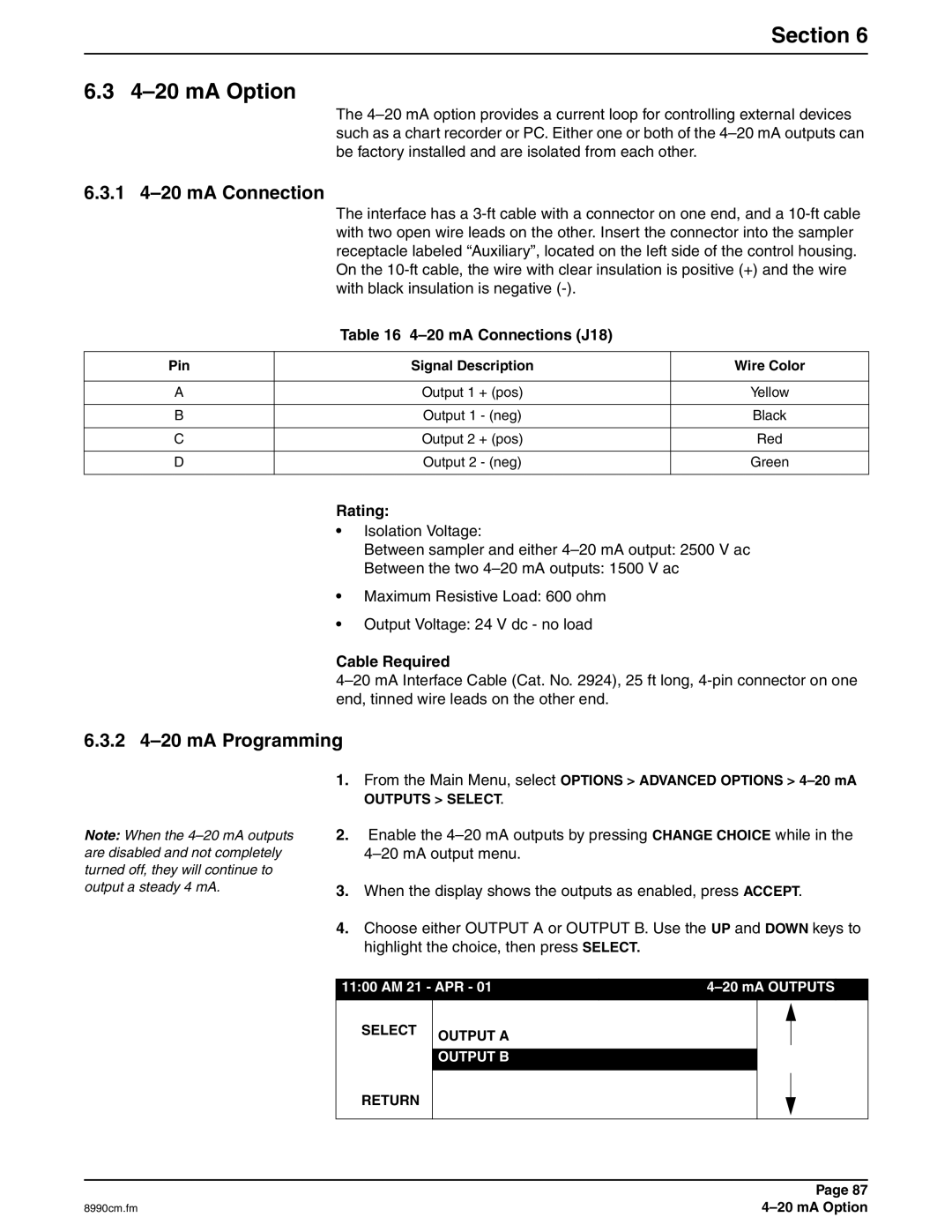 Hach 900 MAX manual Section MA Option, MA Connection, 2 4-20 mA Programming, mA Connections J18, Rating 