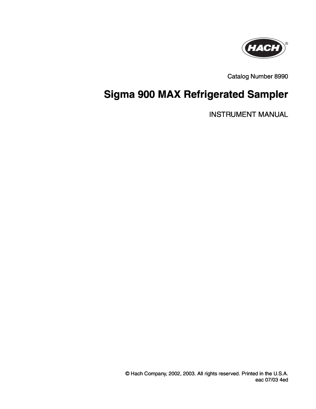 Hach manual Sigma 900 MAX Refrigerated Sampler, Catalog Number, Instrument Manual 