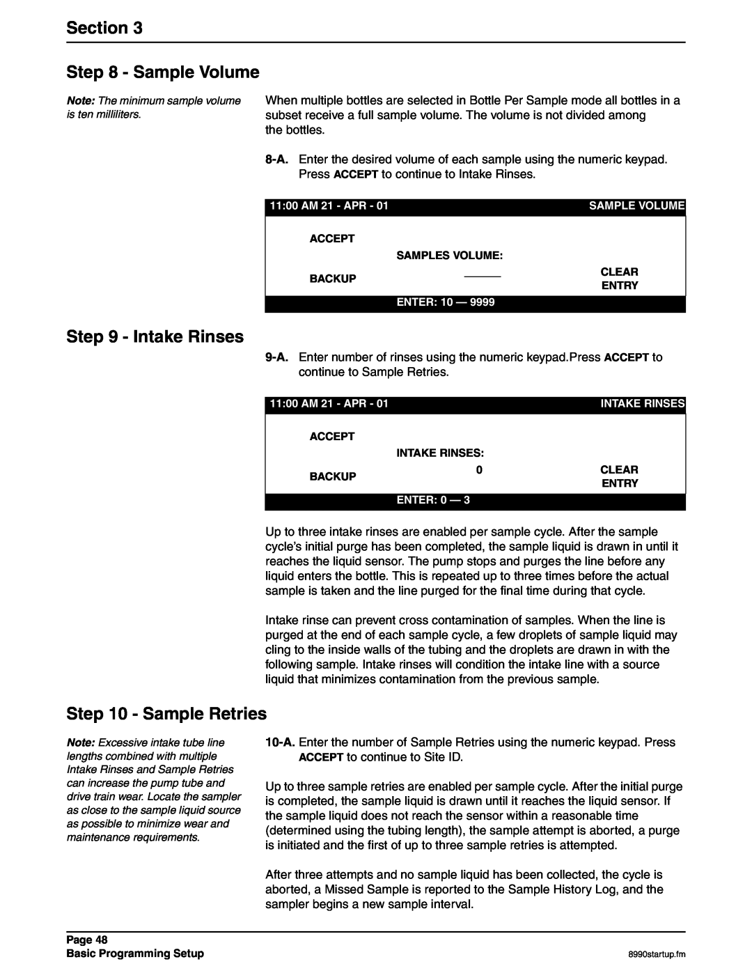Hach 900 MAX manual Section - Sample Volume, Intake Rinses, Sample Retries 
