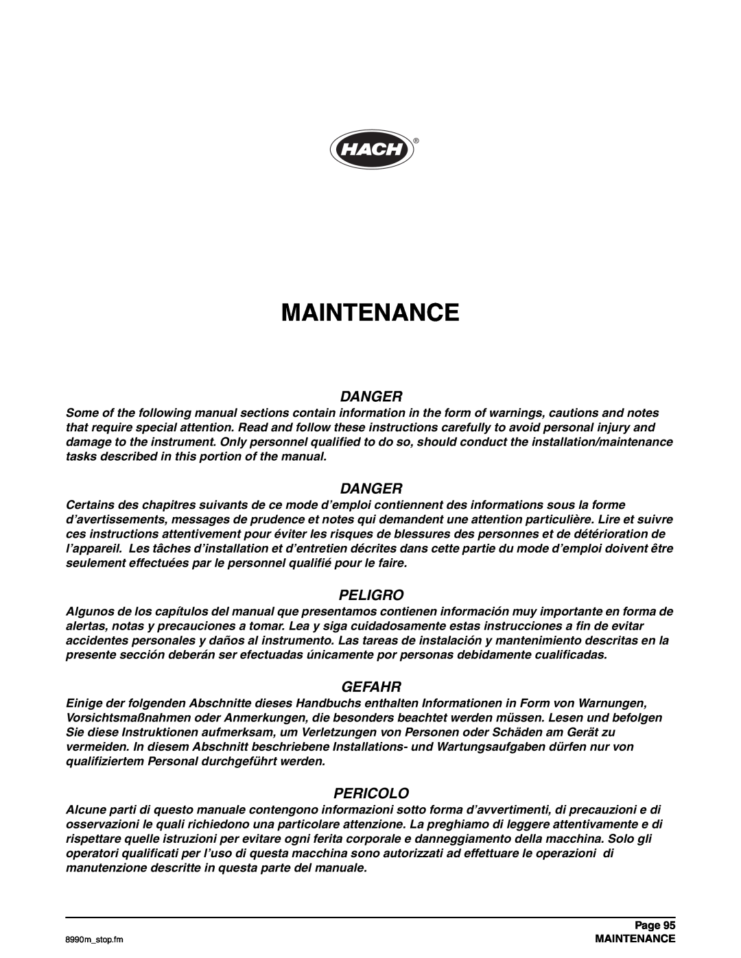 Hach 900 MAX manual Maintenance, Danger, Peligro, Gefahr, Pericolo 