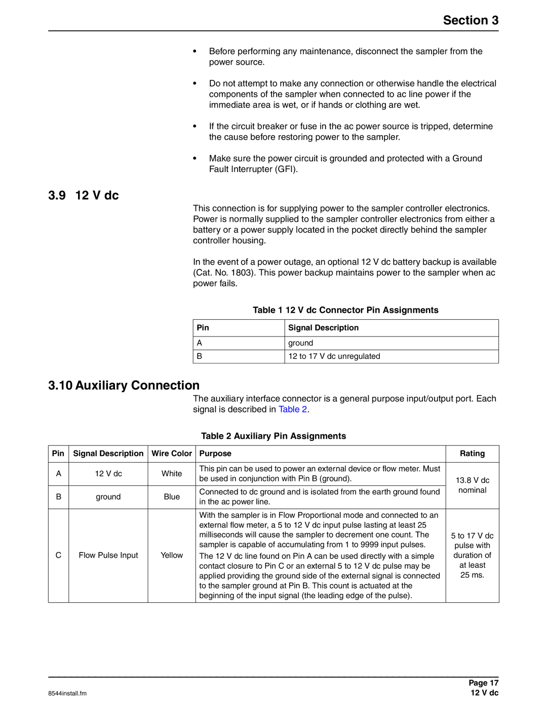 Hach 900 manual Auxiliary Connection, V dc Connector Pin Assignments, Auxiliary Pin Assignments 