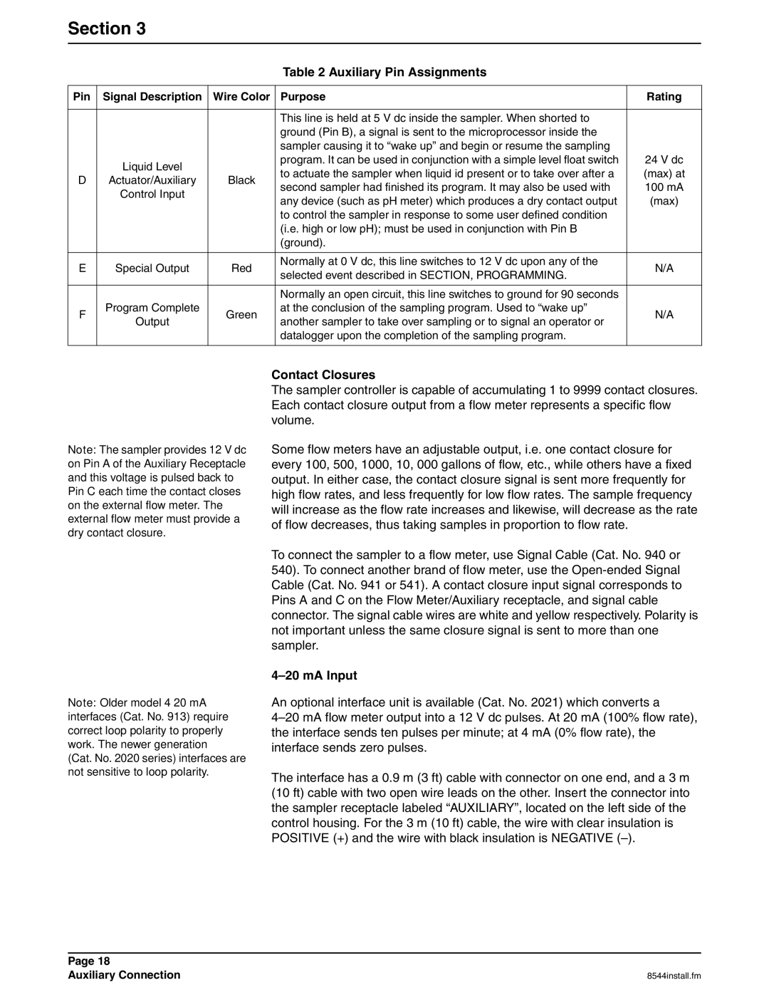 Hach 900 manual Contact Closures, MA Input, Auxiliary Connection 