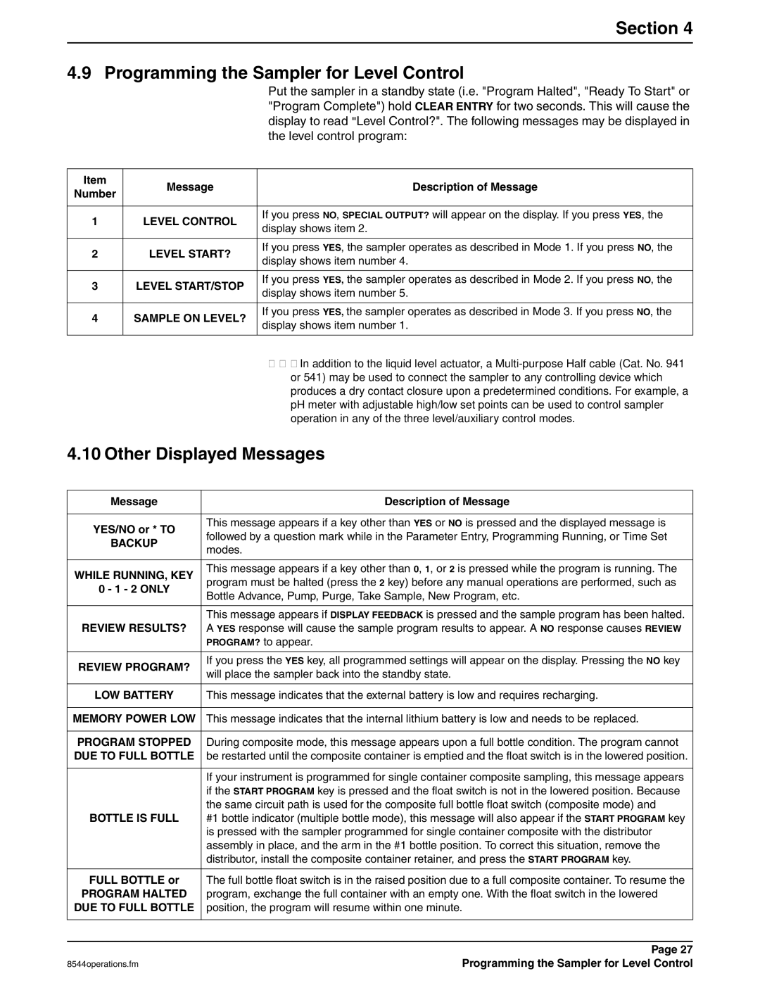 Hach 900 manual Section Programming the Sampler for Level Control, Other Displayed Messages 