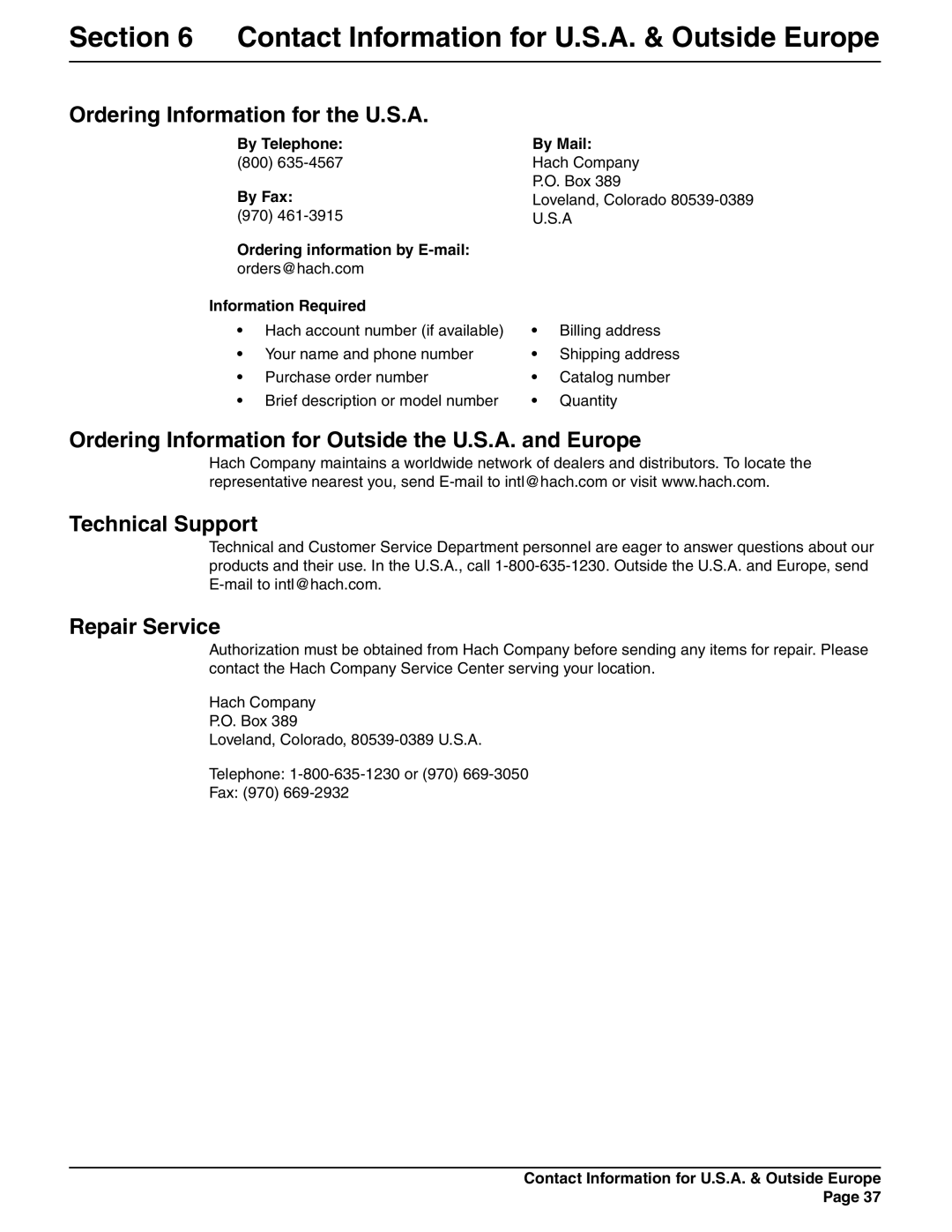 Hach 900 manual Ordering Information for the U.S.A, Repair Service 