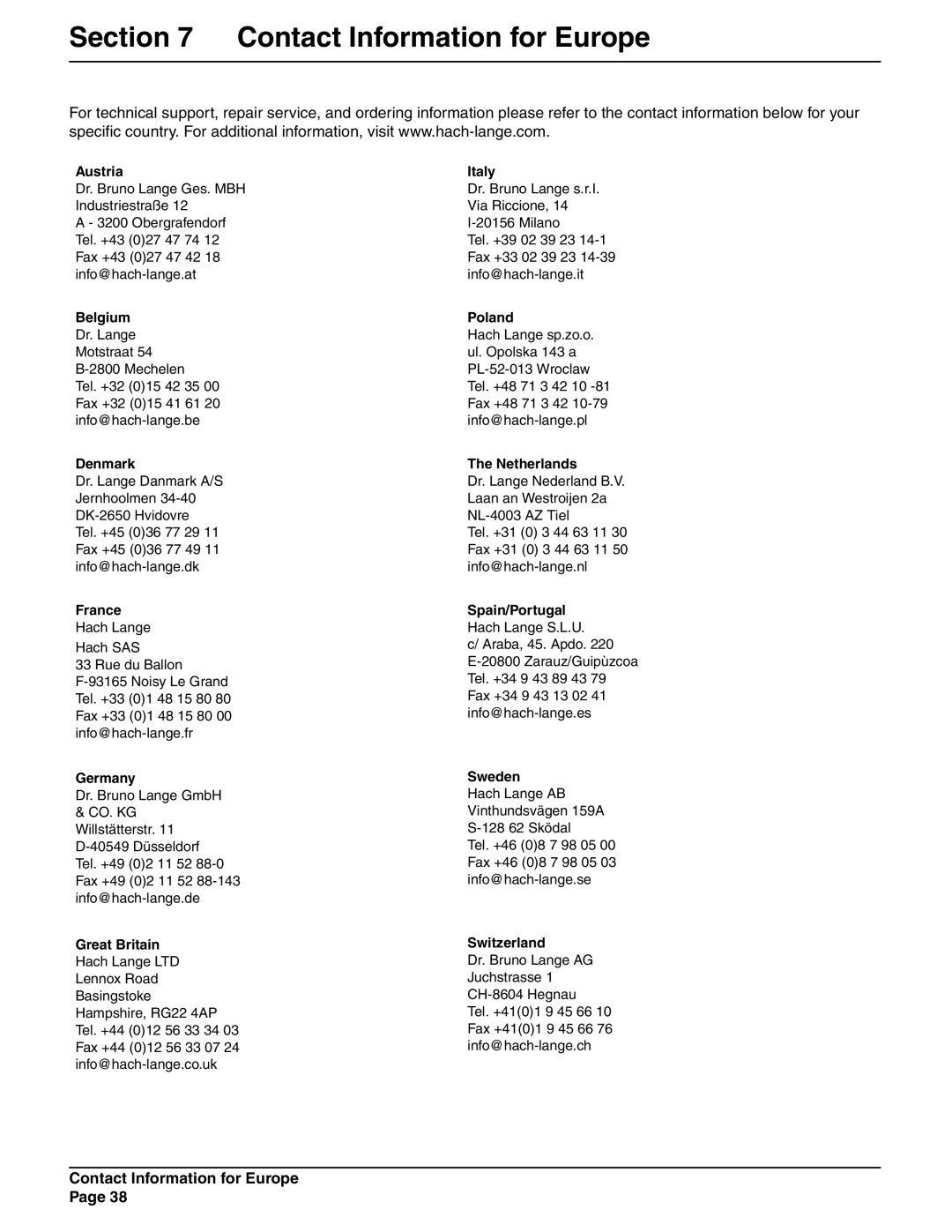 Hach 900 manual Contact Information for Europe 