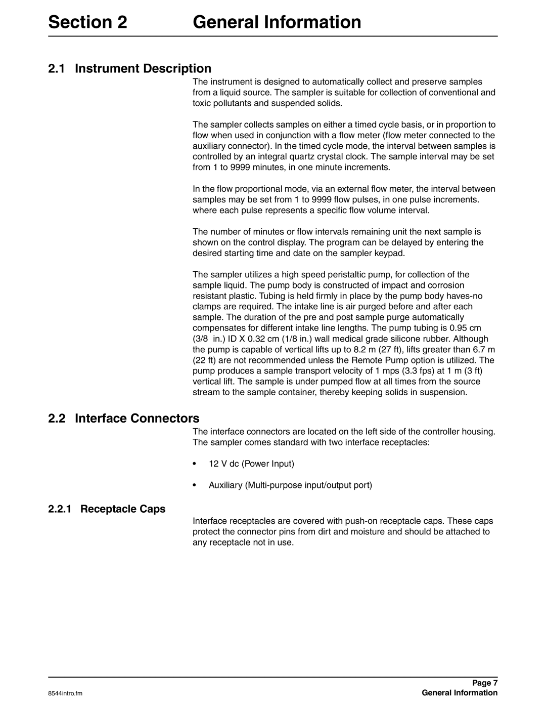 Hach 900 manual Instrument Description, Interface Connectors, Receptacle Caps, General Information 