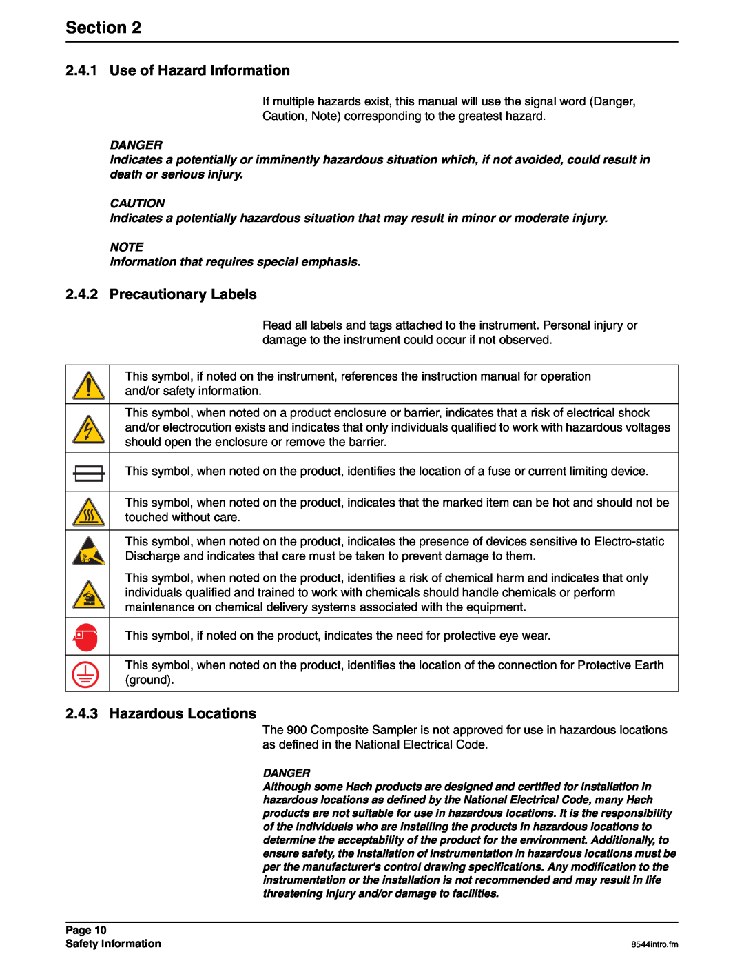 Hach 900 manual Use of Hazard Information, Precautionary Labels, Hazardous Locations, Section, Danger 