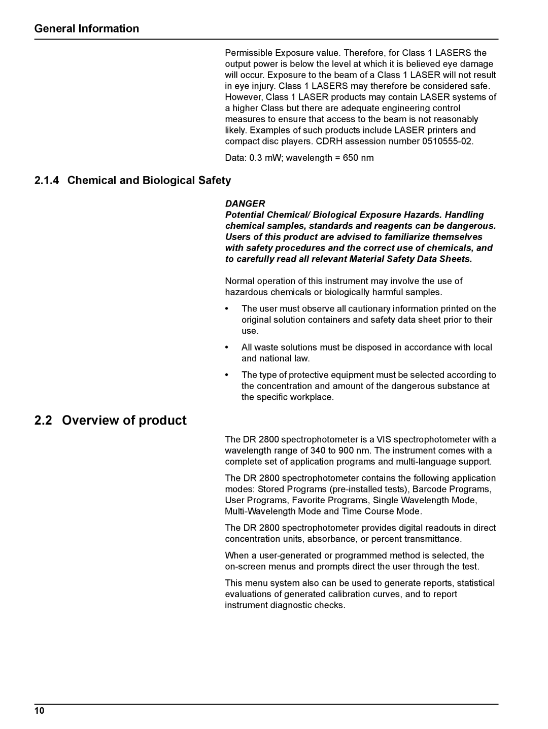 Hach DR 2800 user manual Overview of product, General Information, Chemical and Biological Safety 