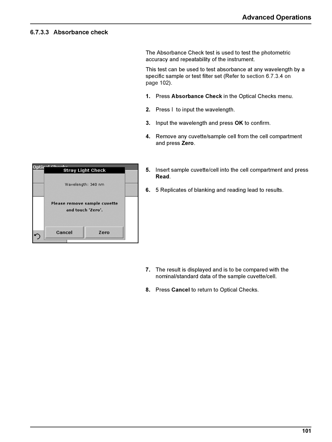 Hach DR 2800 user manual Absorbance check, 101 