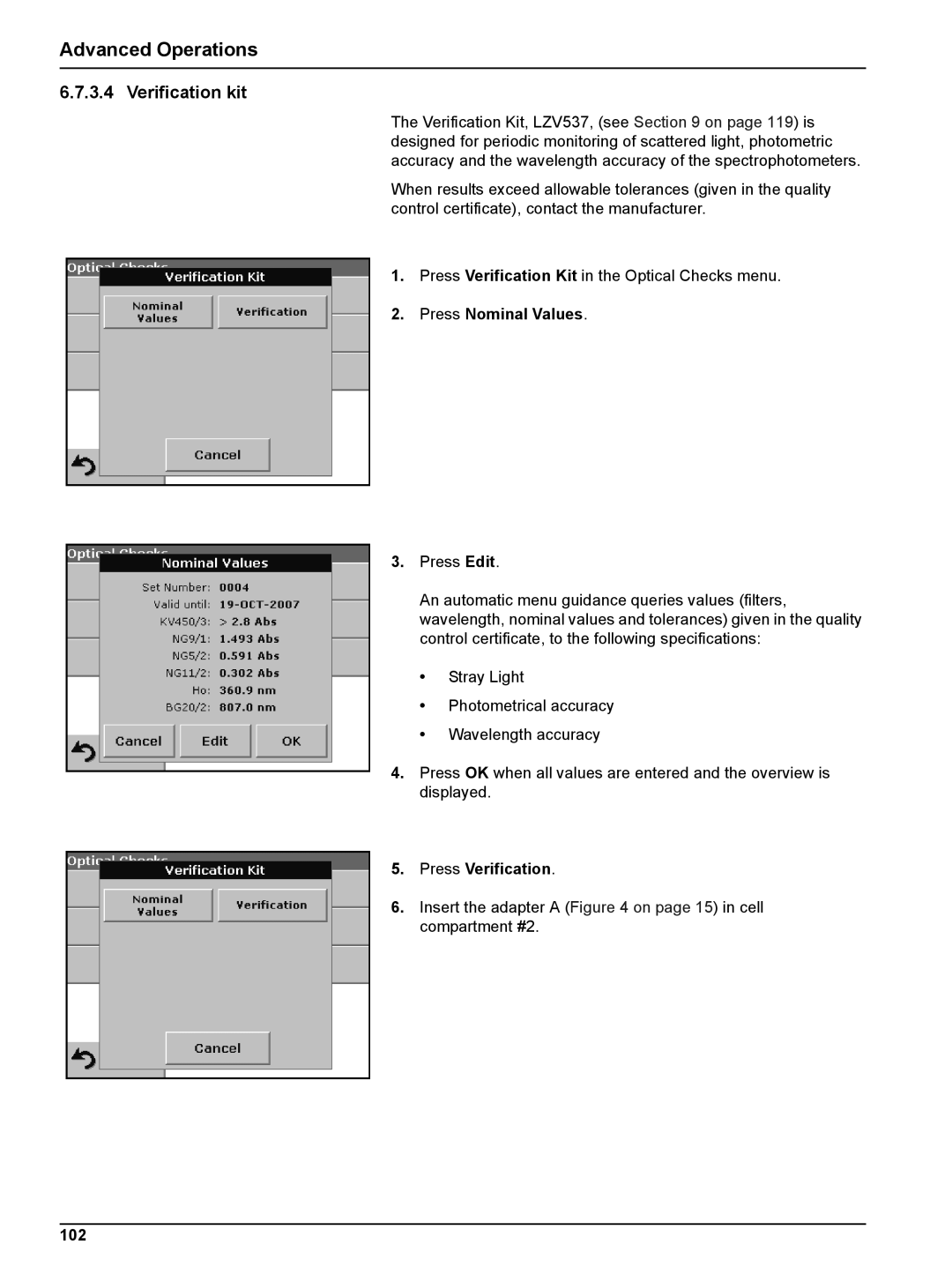 Hach DR 2800 user manual Verification kit, Press Nominal Values, Press Verification, 102 