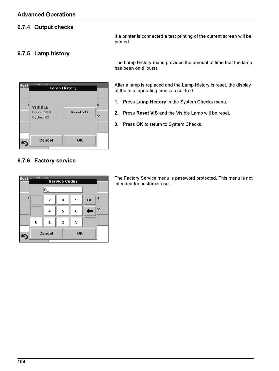 Hach DR 2800 user manual Advanced Operations Output checks, Lamp history, Factory service, 104 