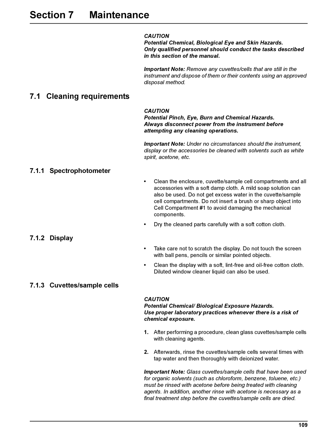 Hach DR 2800 user manual Maintenance, Cleaning requirements, Spectrophotometer, Display, Cuvettes/sample cells 