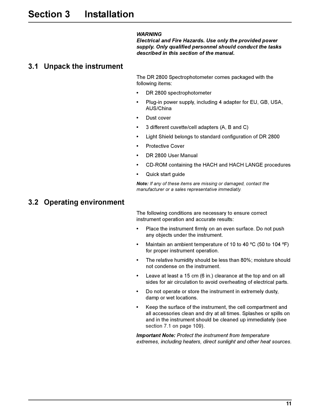 Hach DR 2800 user manual Section Installation, Unpack the instrument, Operating environment 