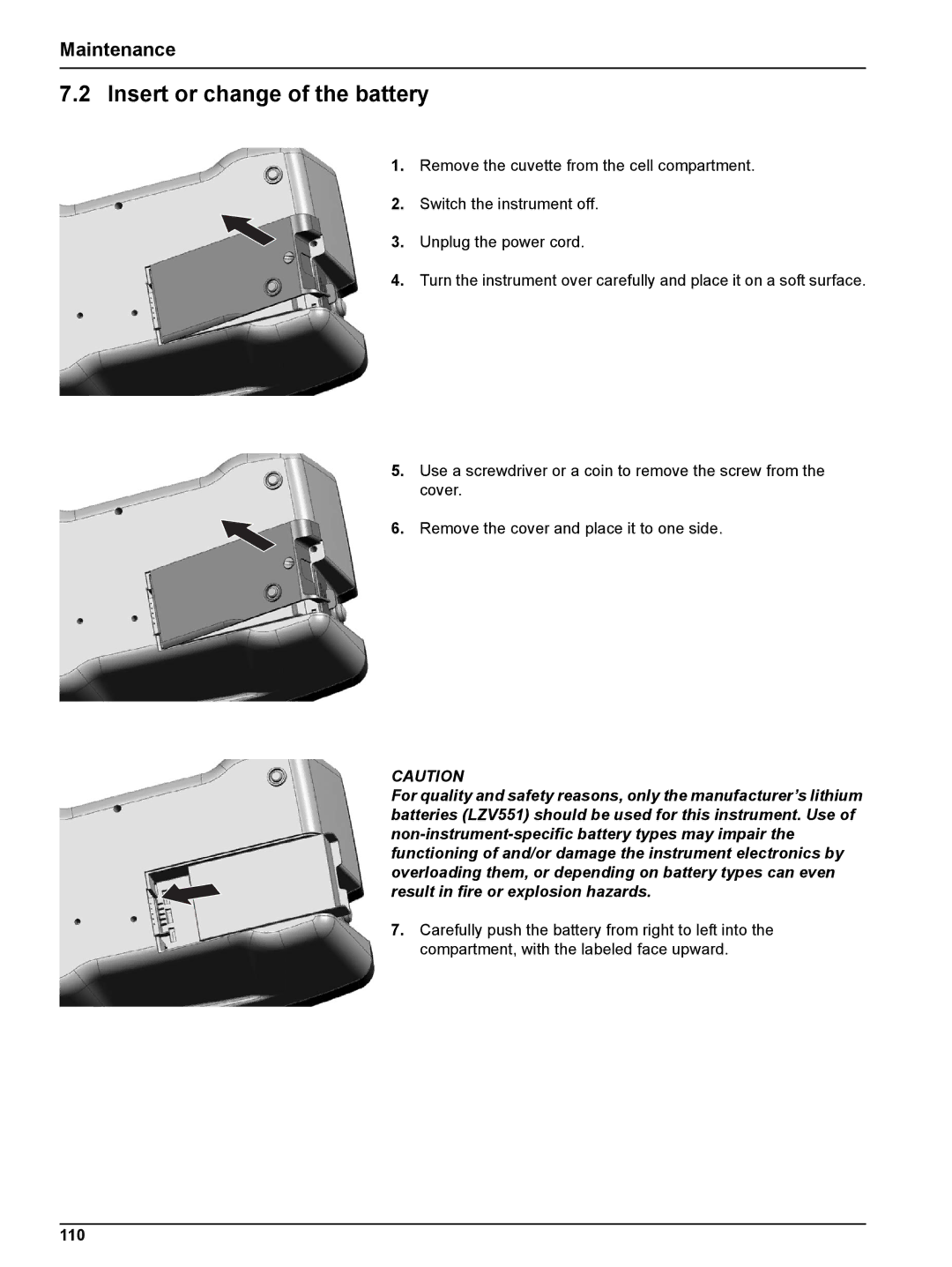 Hach DR 2800 user manual Insert or change of the battery, Maintenance, 110 