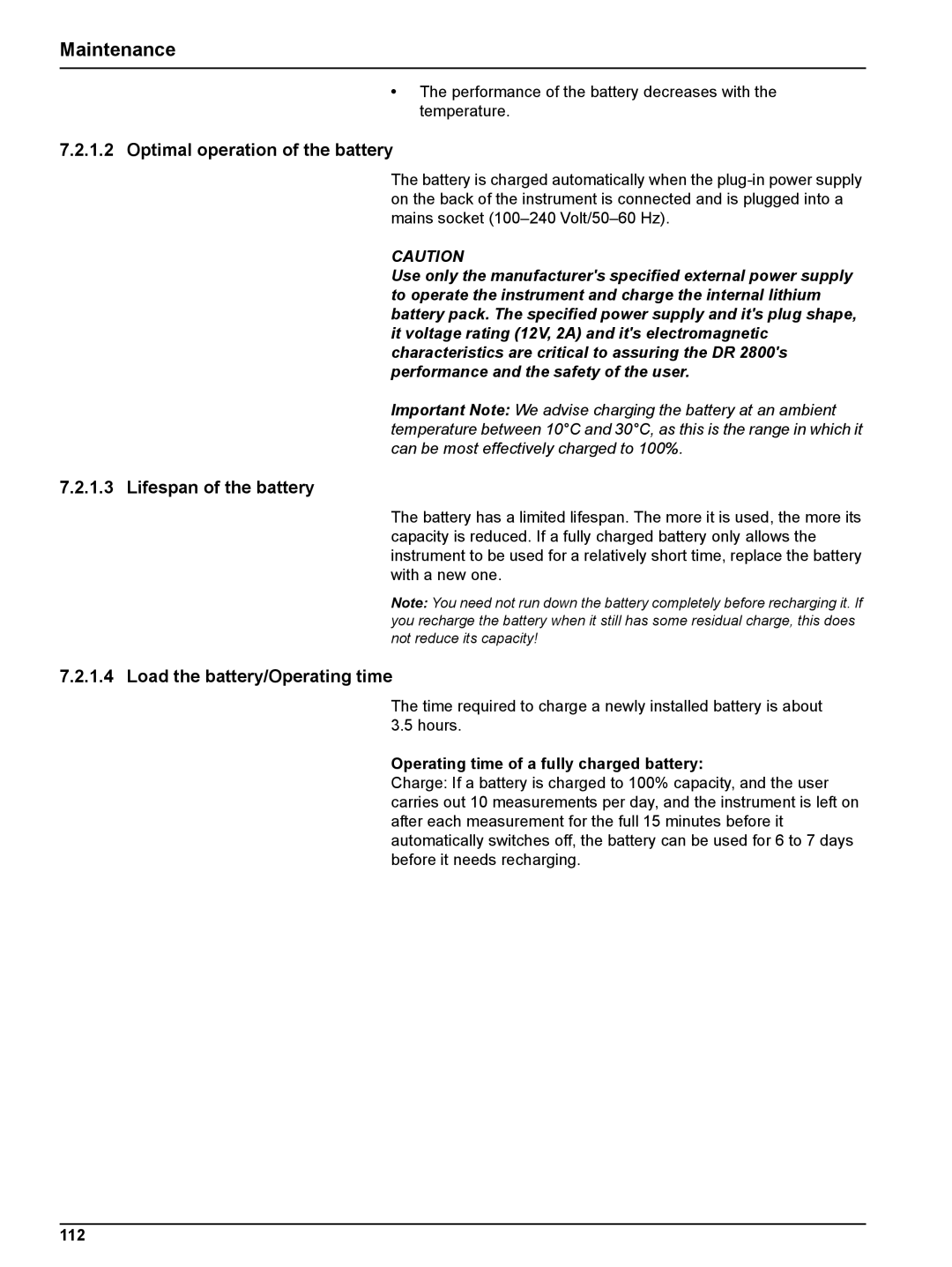 Hach DR 2800 user manual Optimal operation of the battery, Lifespan of the battery, Load the battery/Operating time, 112 