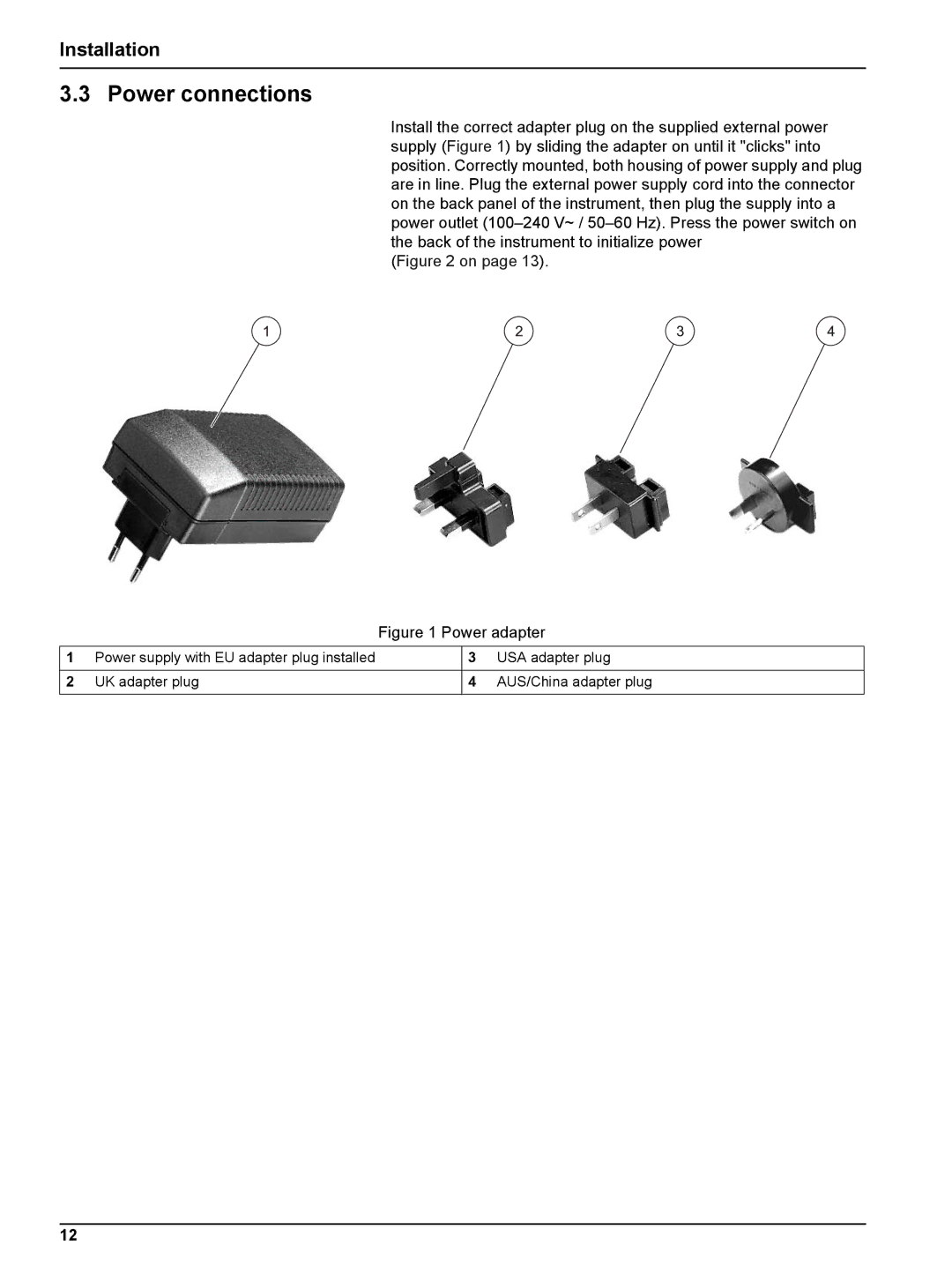 Hach DR 2800 user manual Power connections, Installation, USA adapter plug, UK adapter plug AUS/China adapter plug 