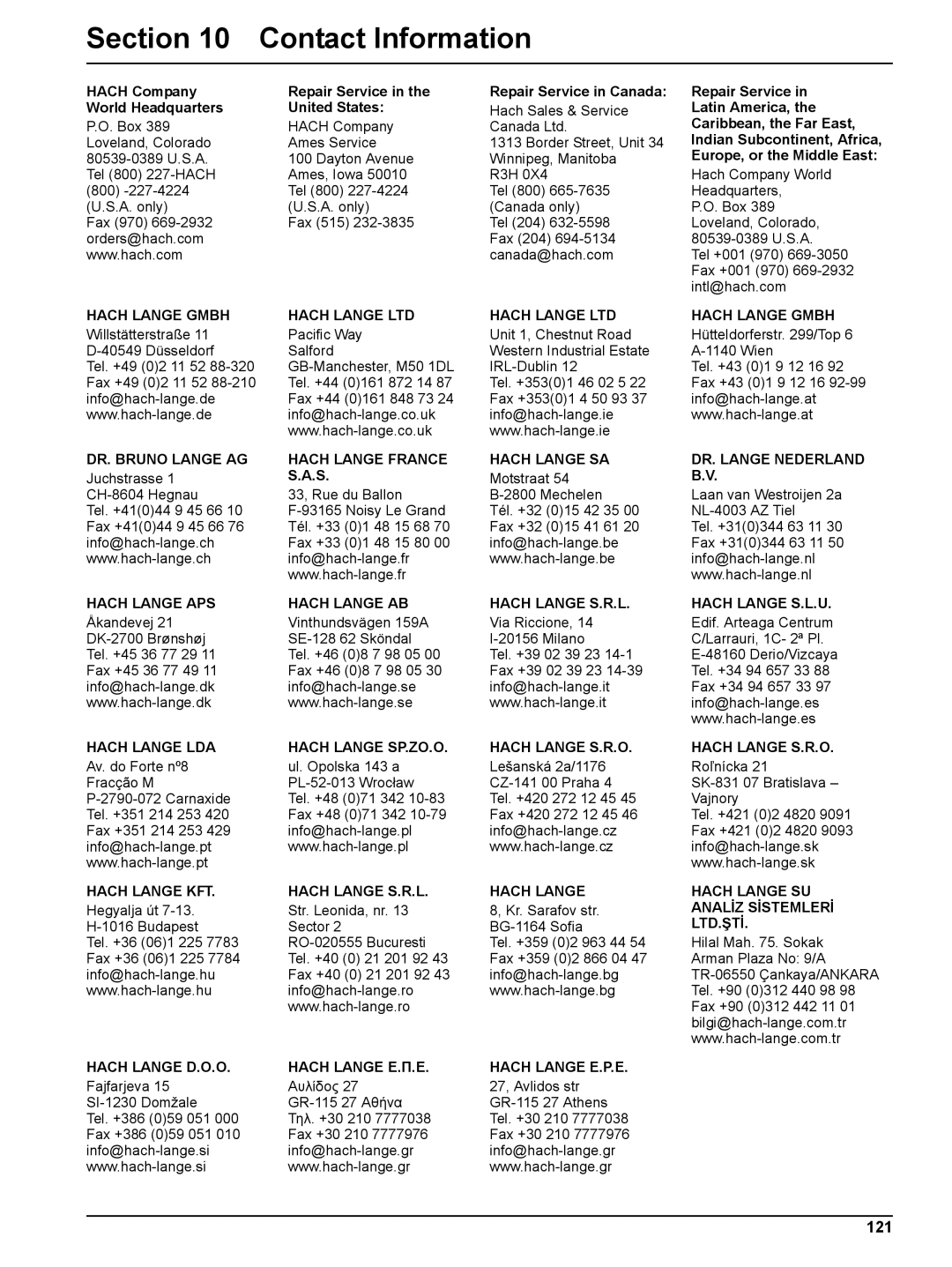 Hach DR 2800 user manual Contact Information, 121 